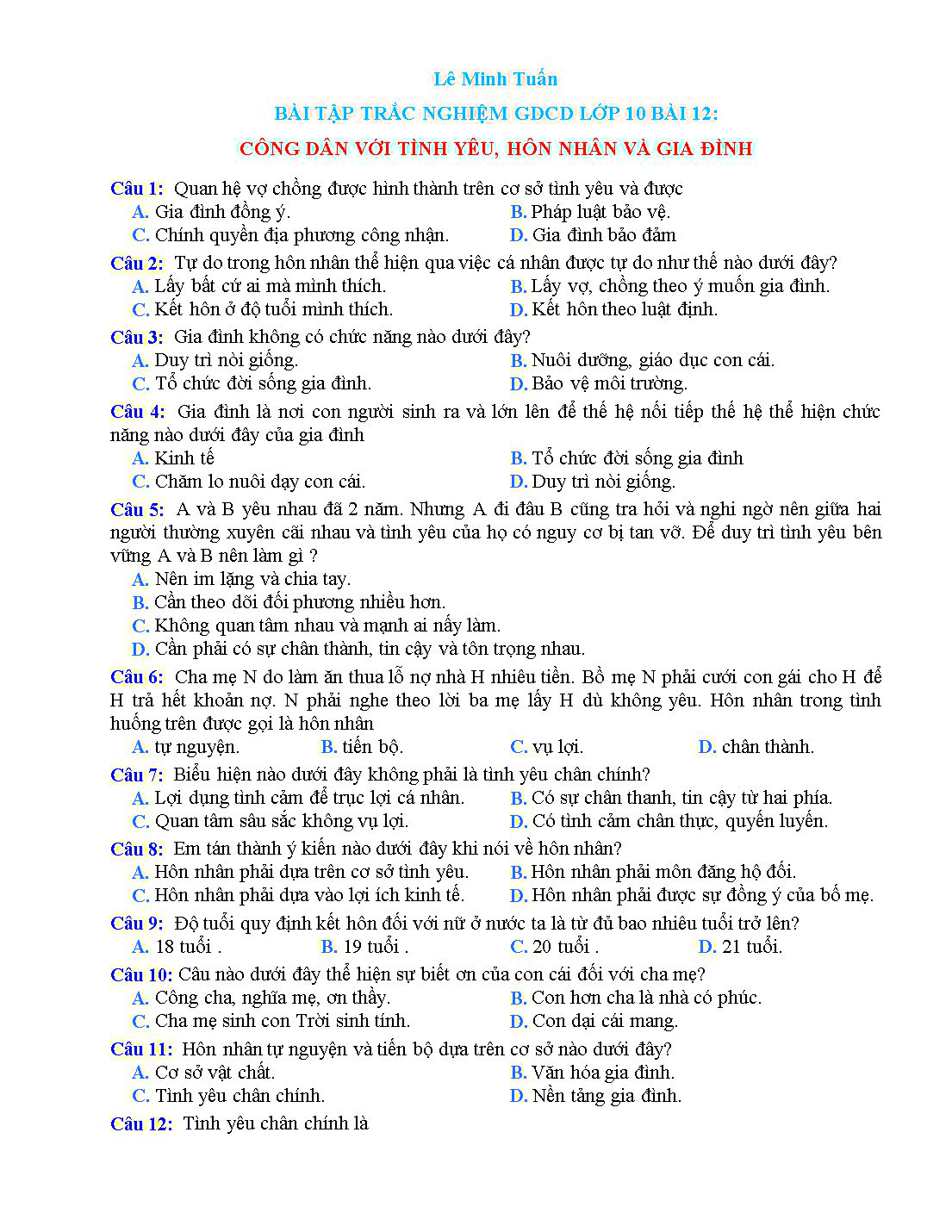 Bài tập trắc nghiệm môn Giáo dục công dân Lớp 10 - Bài 12: Công dân với tình yêu, hôn nhân và gia đình - Lê Minh Tuấn trang 1