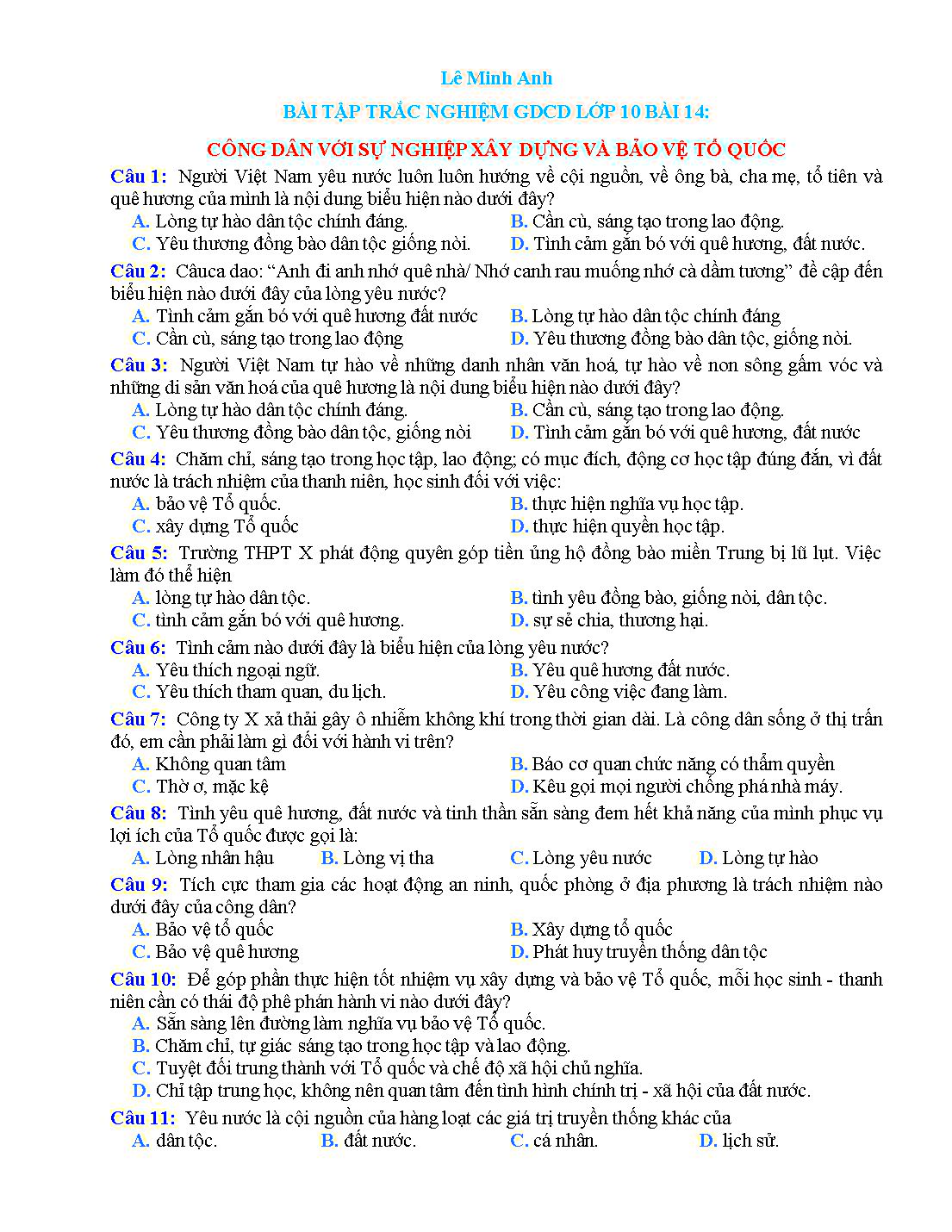 Bài tập trắc nghiệm môn Giáo dục công dân Lớp 10 - Bài 14: Công dân với sự nghiệp xây dựng và bảo vệ tổ quốc - Lê Minh Anh trang 1