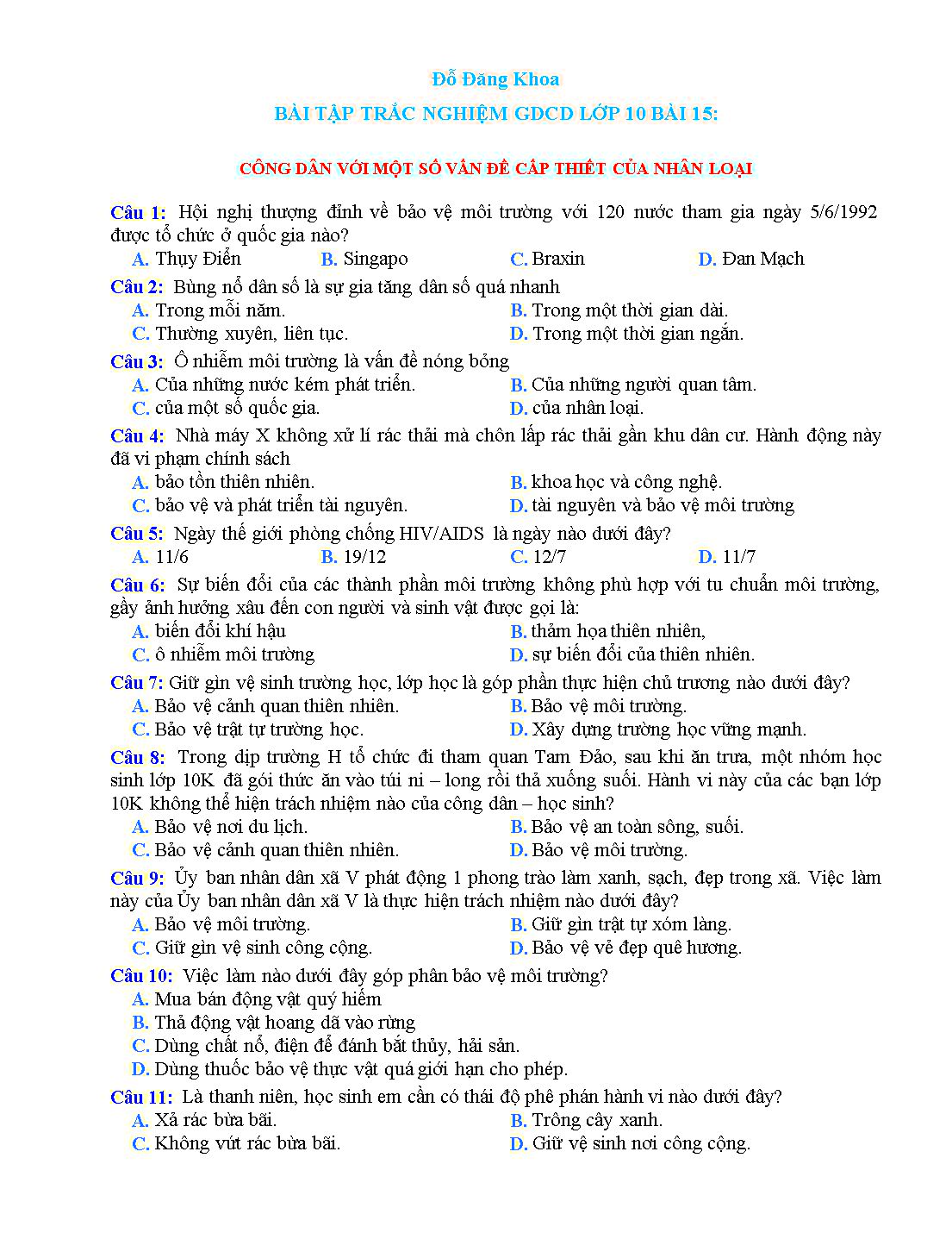 Bài tập trắc nghiệm môn Giáo dục công dân Lớp 10 - Bài 15: Công dân với một số vấn đề cấp thiết của nhân loại - Đỗ Đăng Khoa trang 1
