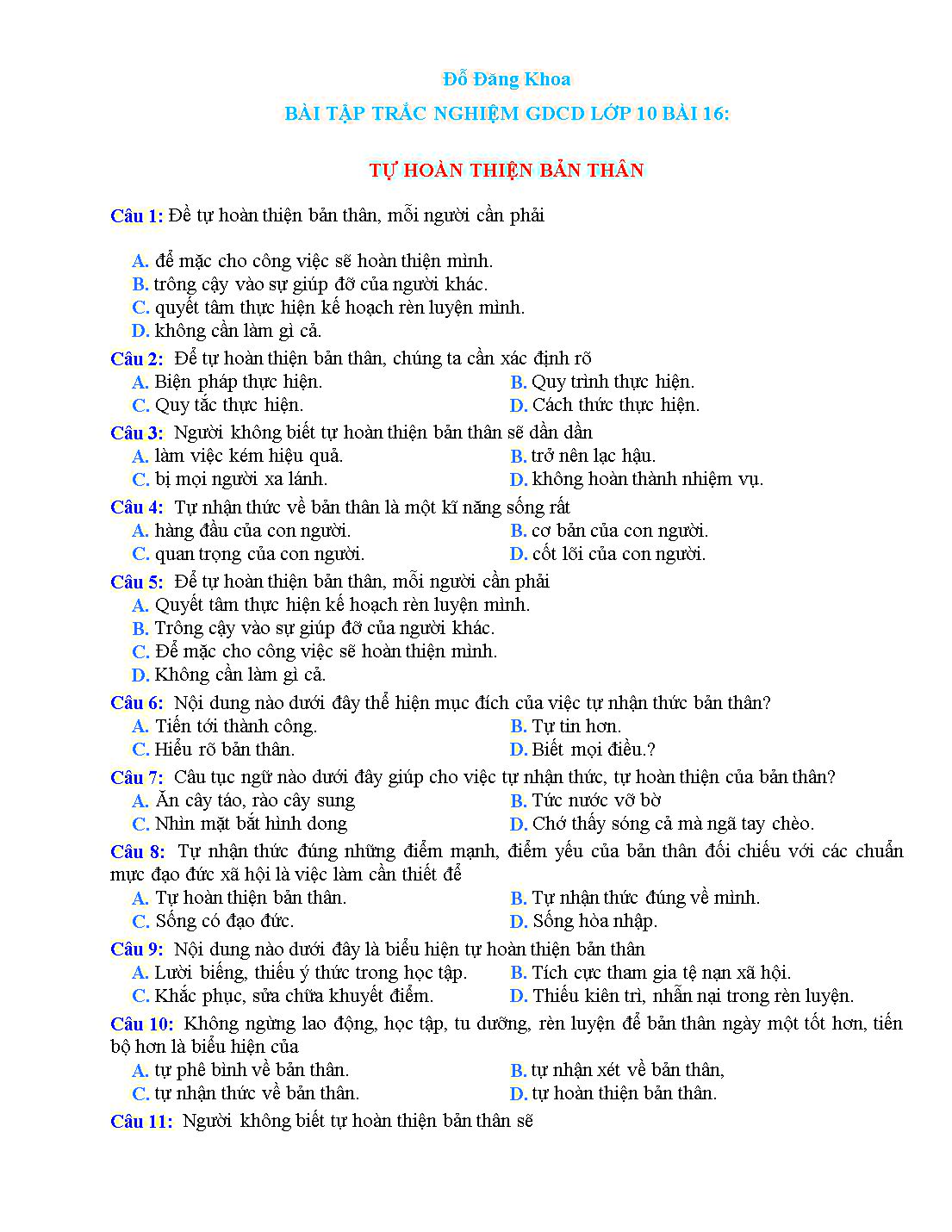 Bài tập trắc nghiệm môn Giáo dục công dân Lớp 10 - Bài 16: Tự hoàn thiện bản thân - Đỗ Đăng Khoa trang 1