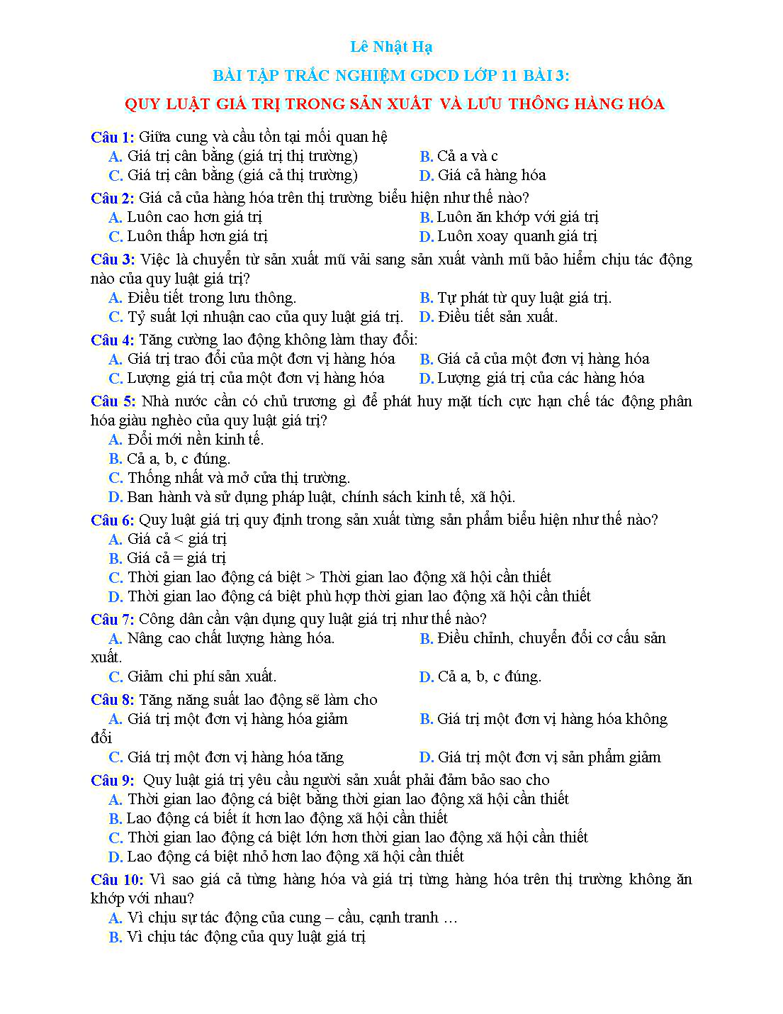 Bài tập trắc nghiệm môn Giáo dục công dân Lớp 11 - Bài 3: Quy luật giá trị trong sản xuất và lưu thông hàng hóa - Lê Nhật Hạ trang 1