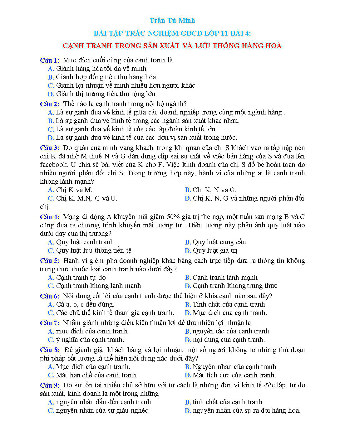 Bài tập trắc nghiệm môn Giáo dục công dân Lớp 11 - Bài 4: Cạnh tranh trong sản xuất và lưu thông hàng hoá - Trần Tú Minh trang 1