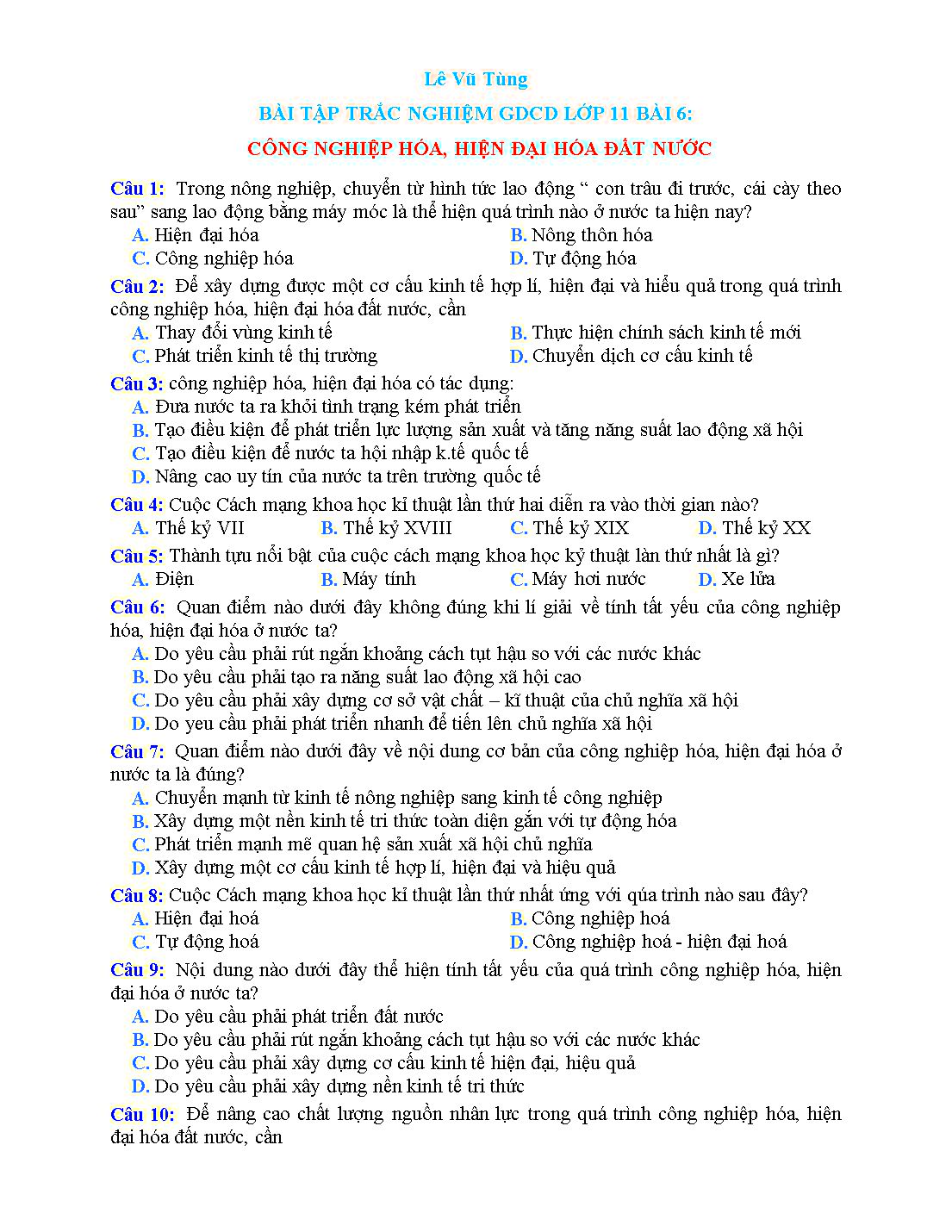 Bài tập trắc nghiệm môn Giáo dục công dân Lớp 11 - Bài 6: Công nghiệp hóa, hiện đại hóa đất nước - Lê Vũ Tùng trang 1