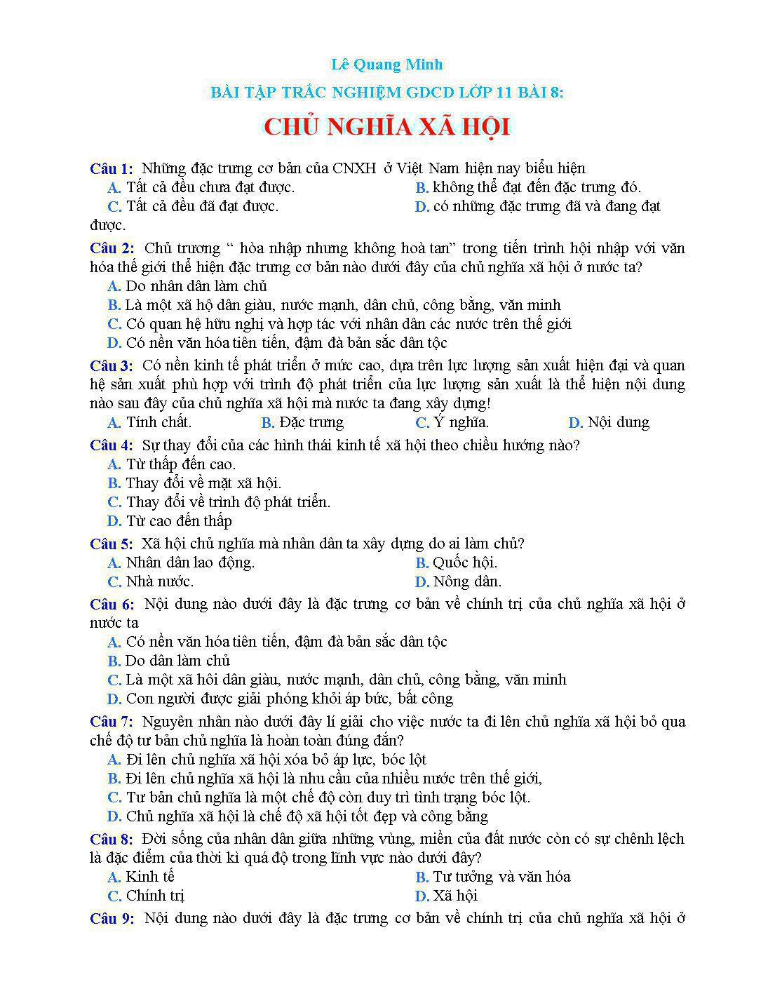 Bài tập trắc nghiệm môn Giáo dục công dân Lớp 11 - Bài 8: Chủ nghĩa xã hội - Lê Quang Minh trang 1