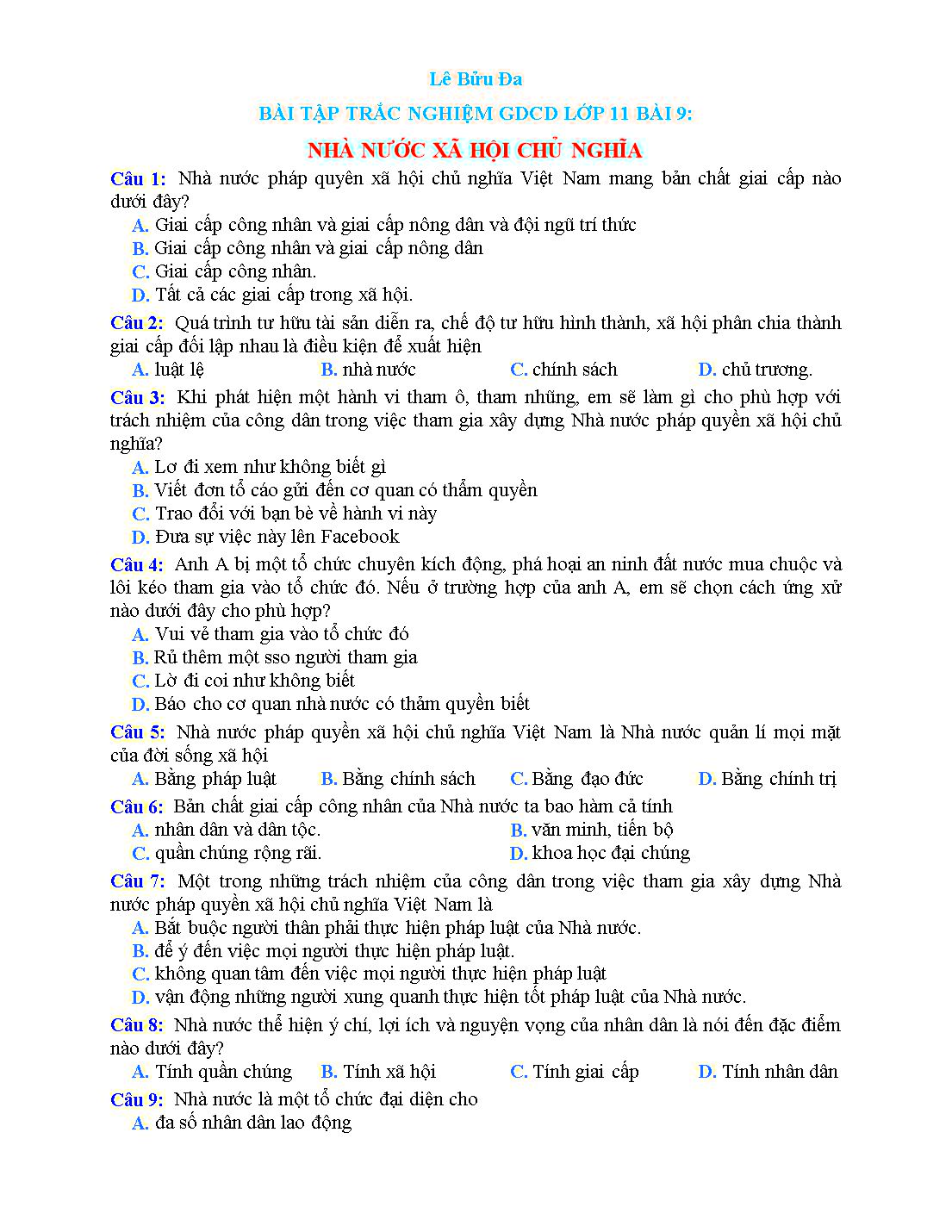 Bài tập trắc nghiệm môn Giáo dục công dân Lớp 11 - Bài 9: Nhà nước xã hội chủ nghĩa - Lê Bửu Đa trang 1