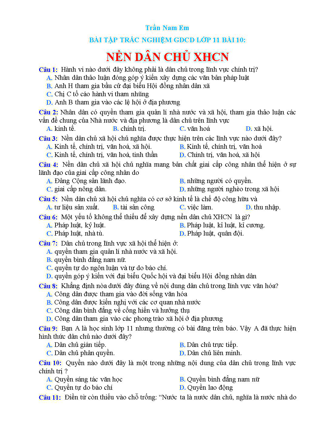 Bài tập trắc nghiệm môn Giáo dục công dân Lớp 11 - Bài 10: Nền dân chủ Xã hội chủ nghĩa - Trần Nam Em trang 1