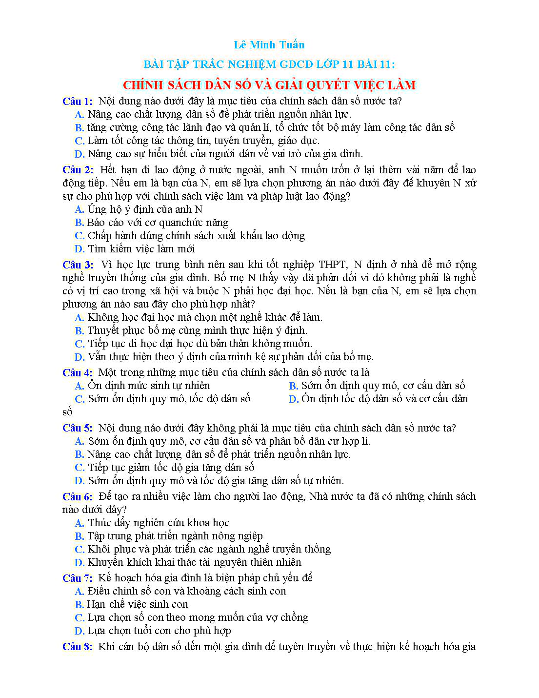 Bài tập trắc nghiệm môn Giáo dục công dân Lớp 11 - Bài 11: Chính sách dân số và giải quyết việc làm - Lê Minh Tuấn trang 1