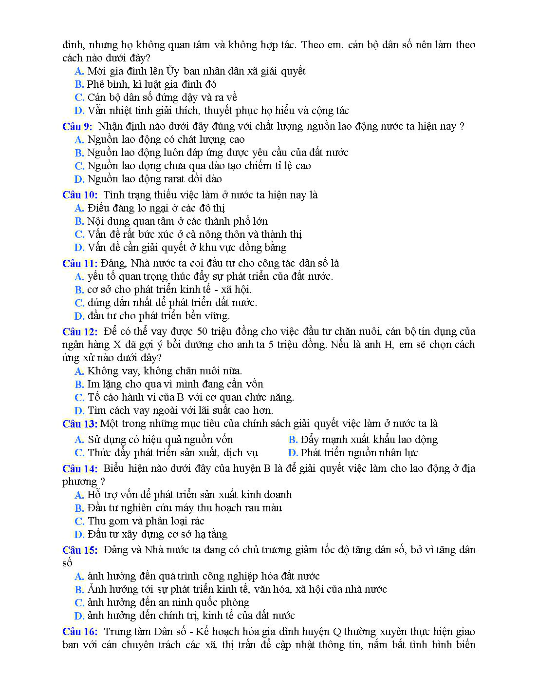 Bài tập trắc nghiệm môn Giáo dục công dân Lớp 11 - Bài 11: Chính sách dân số và giải quyết việc làm - Lê Minh Tuấn trang 2