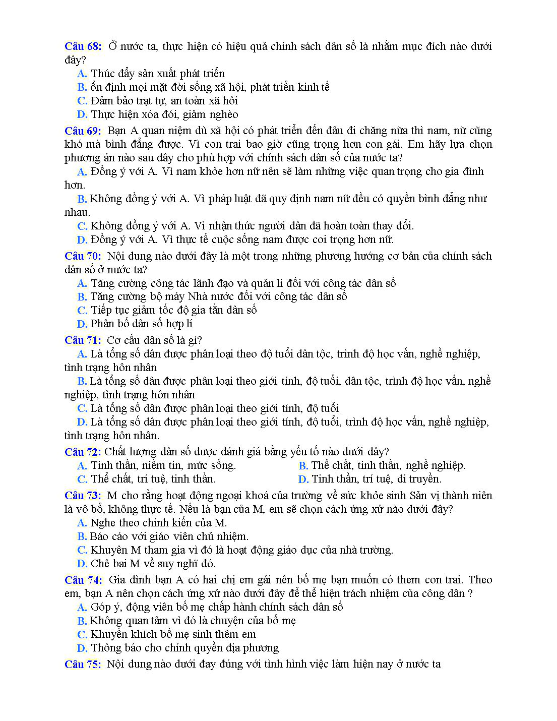 Bài tập trắc nghiệm môn Giáo dục công dân Lớp 11 - Bài 11: Chính sách dân số và giải quyết việc làm - Lê Minh Tuấn trang 9