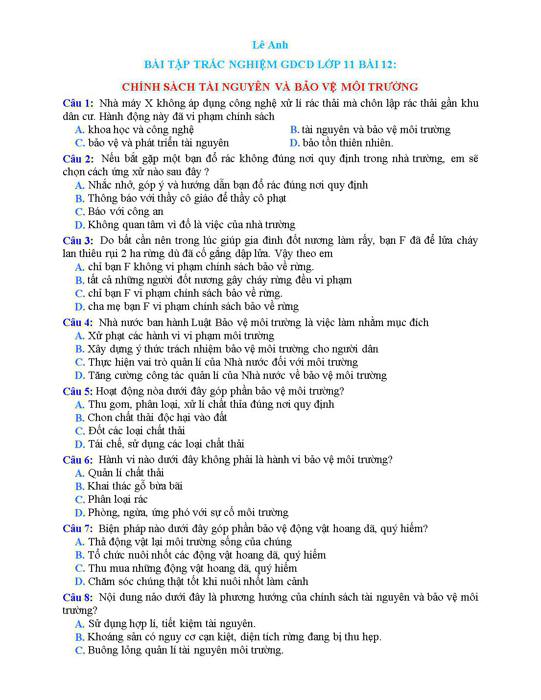 Bài tập trắc nghiệm môn Giáo dục công dân Lớp 11 - Bài 12: Chính sách tài nguyên và bảo vệ môi trường - Lê Anh trang 1
