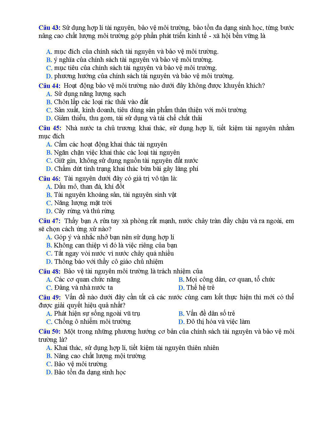 Bài tập trắc nghiệm môn Giáo dục công dân Lớp 11 - Bài 12: Chính sách tài nguyên và bảo vệ môi trường - Lê Anh trang 6