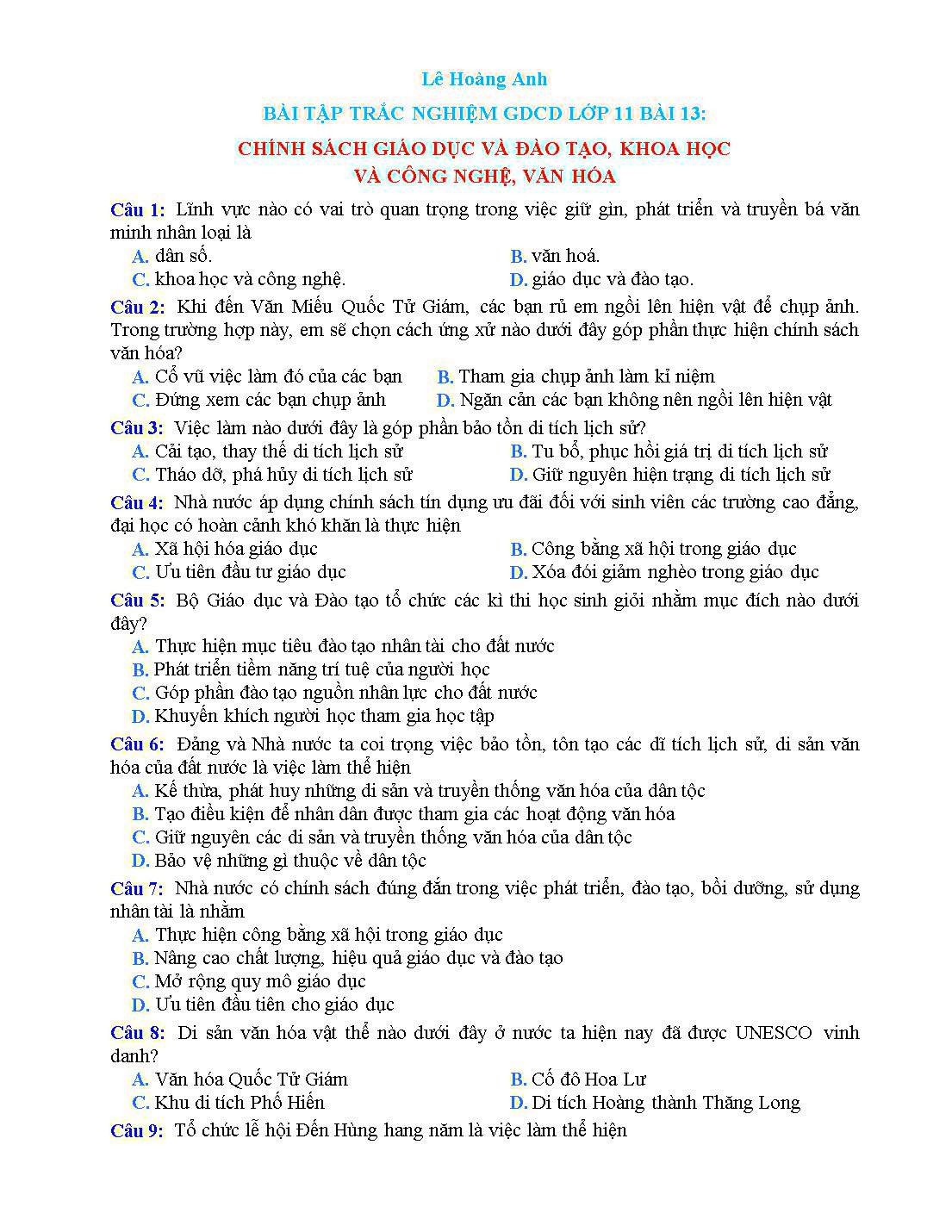 Bài tập trắc nghiệm môn Giáo dục công dân Lớp 11 - Bài 13: Chính sách giáo dục và đào tạo, khoa học và công nghệ, văn hóa - Lê Hoàng Anh trang 1