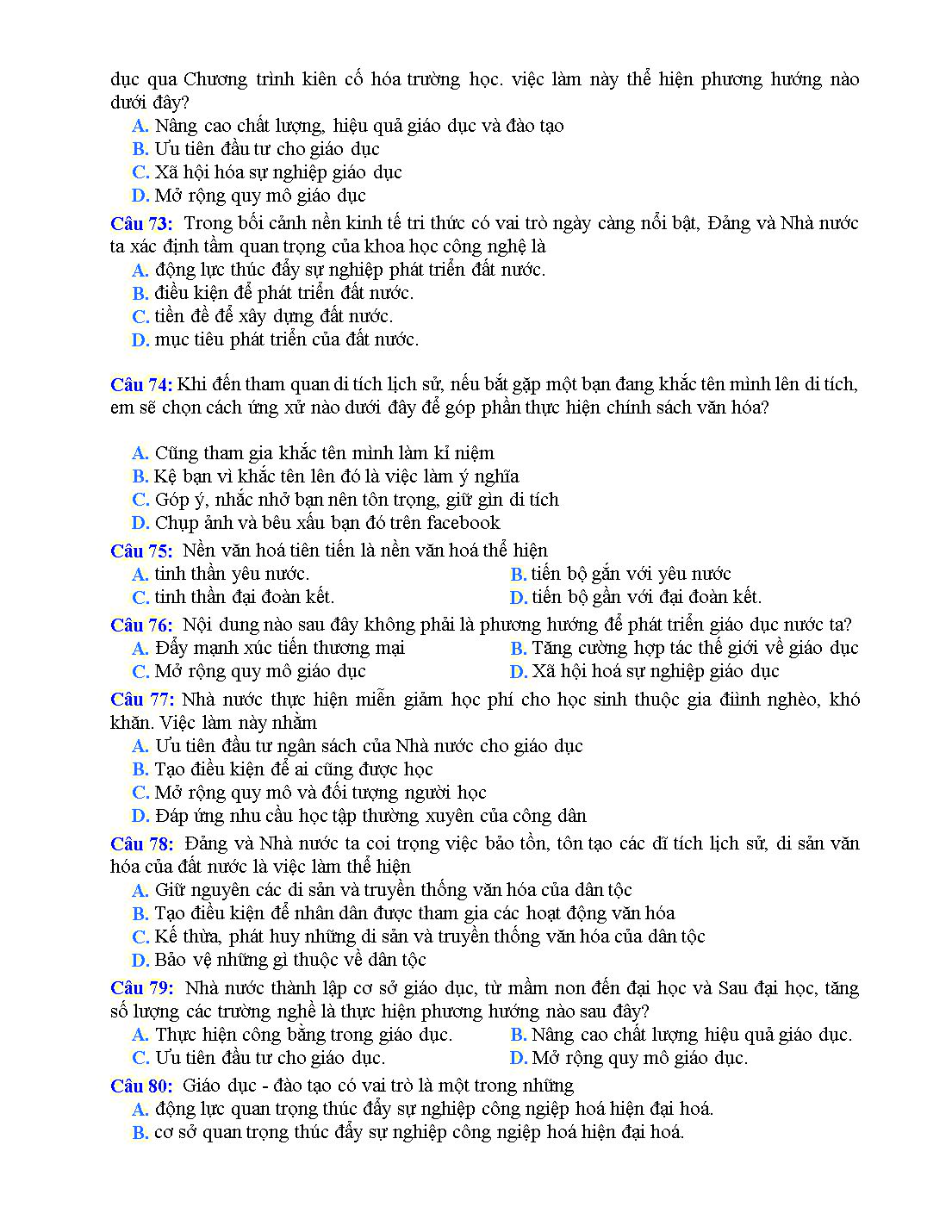 Bài tập trắc nghiệm môn Giáo dục công dân Lớp 11 - Bài 13: Chính sách giáo dục và đào tạo, khoa học và công nghệ, văn hóa - Lê Hoàng Anh trang 9