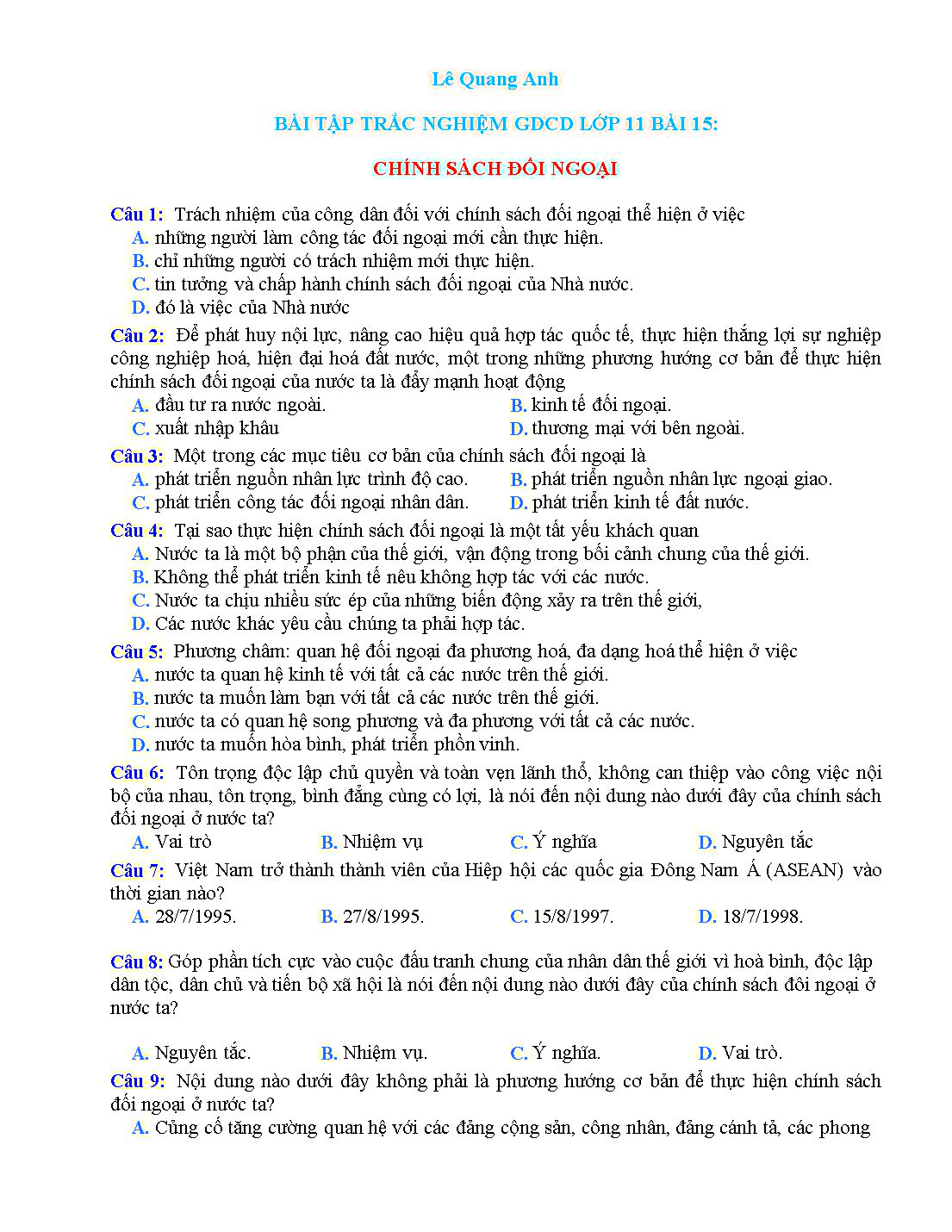 Bài tập trắc nghiệm môn Giáo dục công dân Lớp 11 - Bài 15: Chính sách đối ngoại - Lê Tuấn Tú trang 1