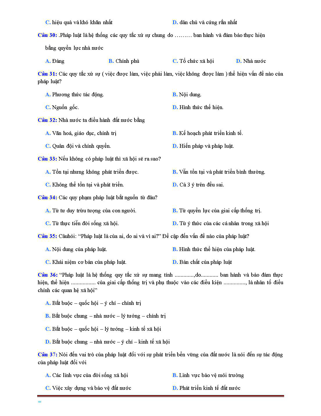 Bài tập trắc nghiệm môn Giáo dục công dân Lớp 12 - Bài 1: Pháp luật và đời sống - Lê Bê La trang 5