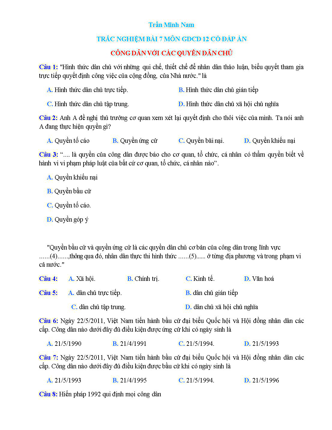 Bài tập trắc nghiệm môn Giáo dục công dân Lớp 12 - Bài 7: Công dân với các quyền dân chủ - Trần Minh Nam trang 1