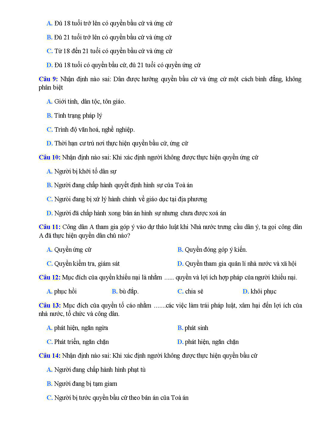 Bài tập trắc nghiệm môn Giáo dục công dân Lớp 12 - Bài 7: Công dân với các quyền dân chủ - Trần Minh Nam trang 2