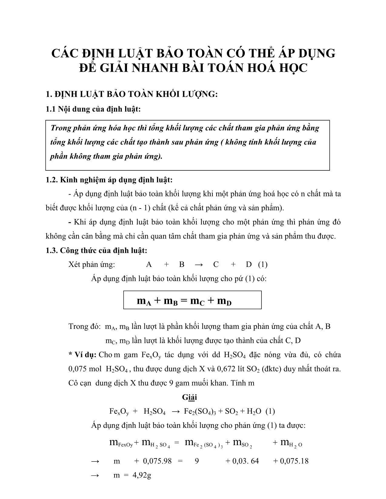 Các định luật bảo toàn có thể áp dụng để giải nhanh bài toán Hoá học trang 1