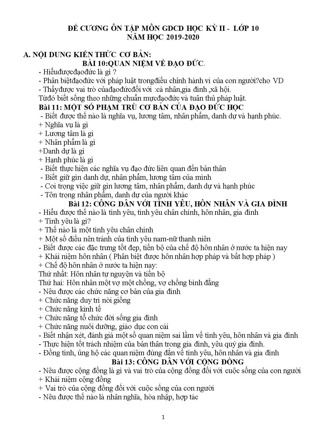 Đề cương ôn tập học kỳ II môn Giáo dục công dân học Lớp 10 - Năm học 2019-2020 trang 1