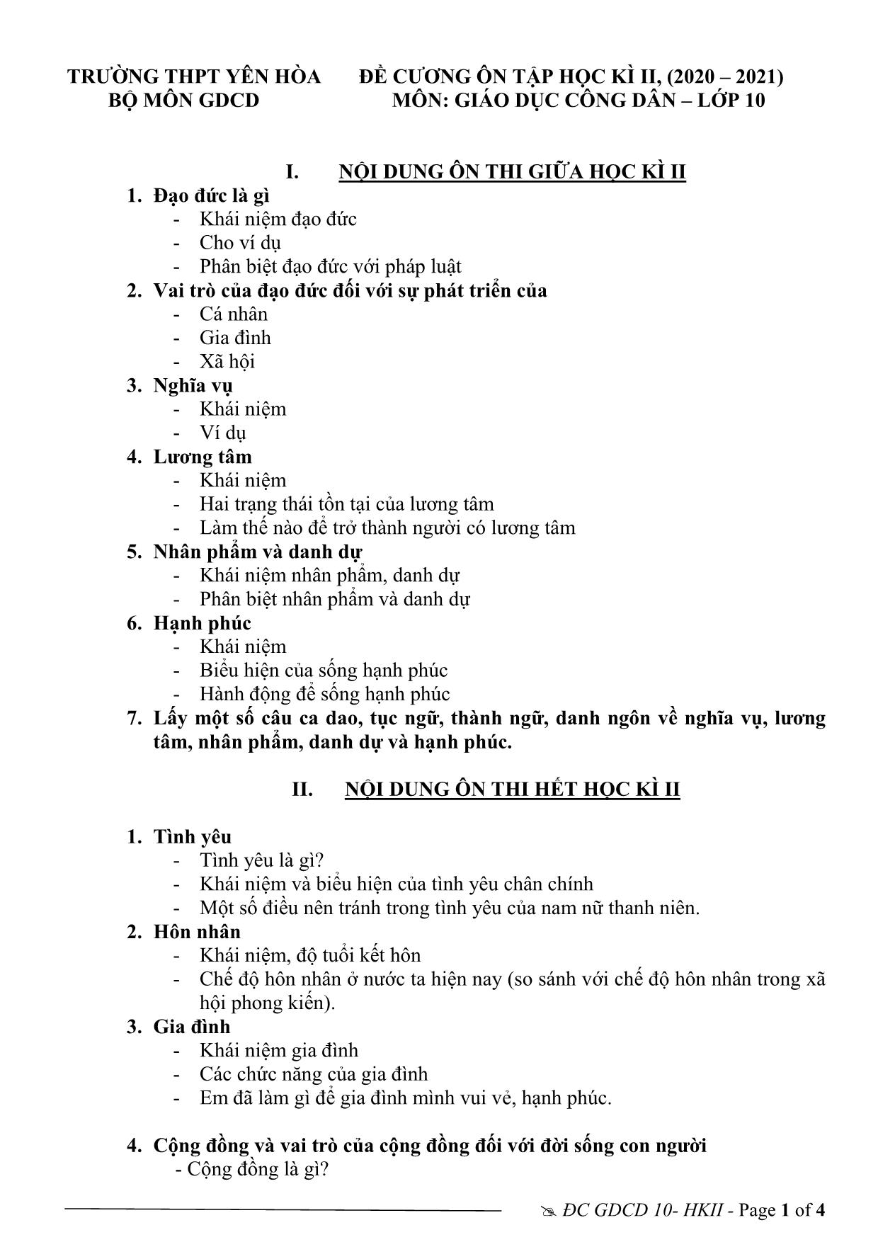 Đề cương ôn tập học kỳ II môn Giáo dục công dân Lớp 10 - Năm học 2020-2021 - Trường THPT Yên Hòa trang 1