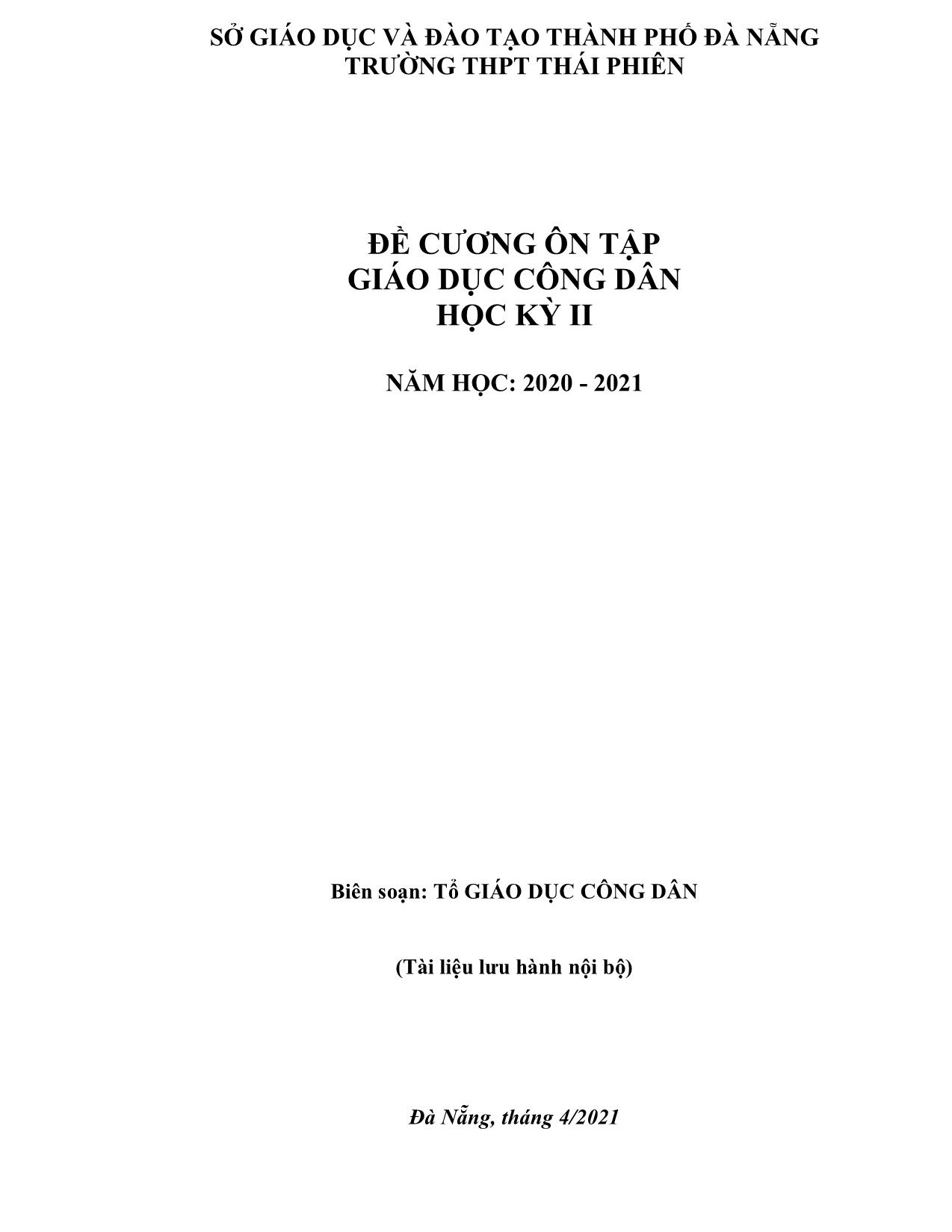 Đề cương ôn tập học kỳ II môn Giáo dục công dân Lớp 12 - Năm học 2020-2021 - Trường THPT Thái Phiên trang 1