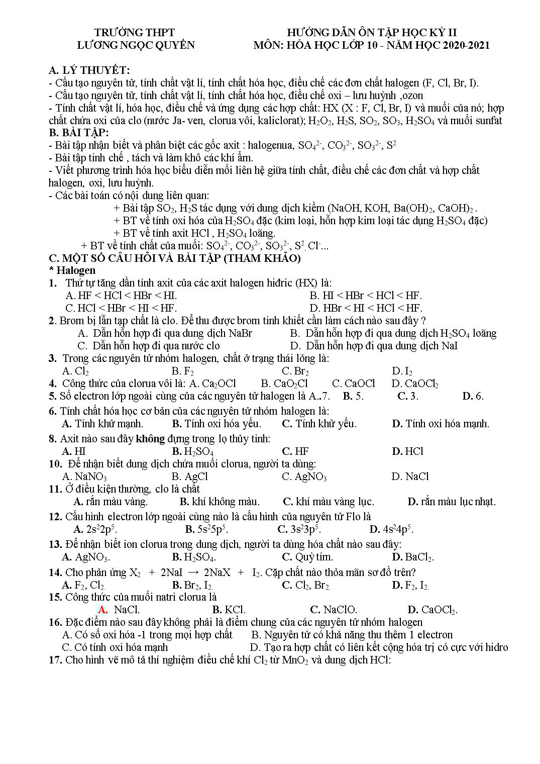 Hướng dẫn ôn tập học kỳ II môn Hóa học Lớp 10 - Năm học 2020-2021 - Trường THPT Lương Ngọc Quyến trang 1