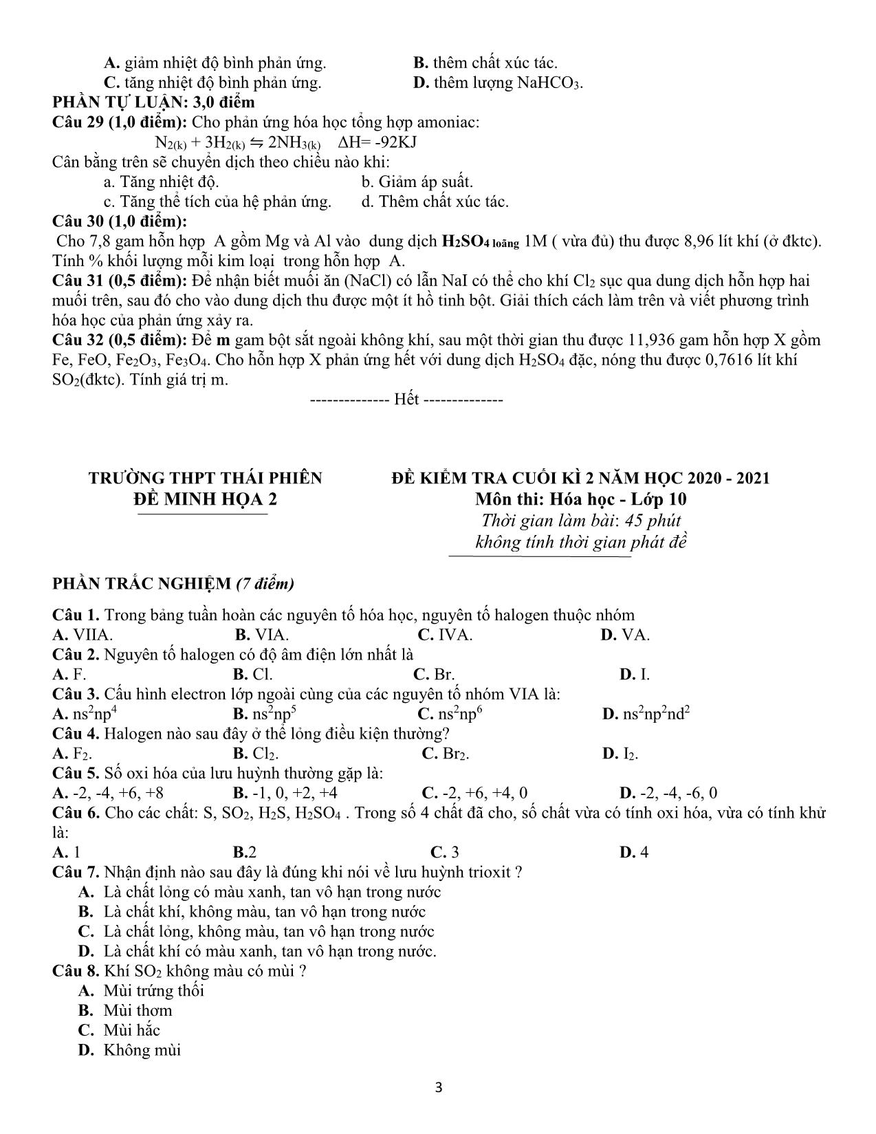 Đề kiểm tra cuối kỳ II môn Hóa học Lớp 10 - Năm học 2020-2021 - Trường THPT Thái Phiên trang 3