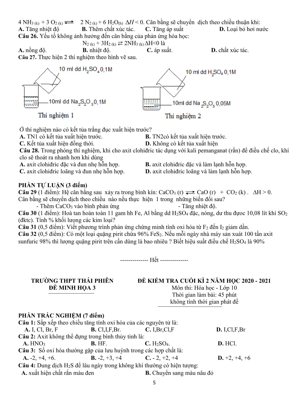 Đề kiểm tra cuối kỳ II môn Hóa học Lớp 10 - Năm học 2020-2021 - Trường THPT Thái Phiên trang 5