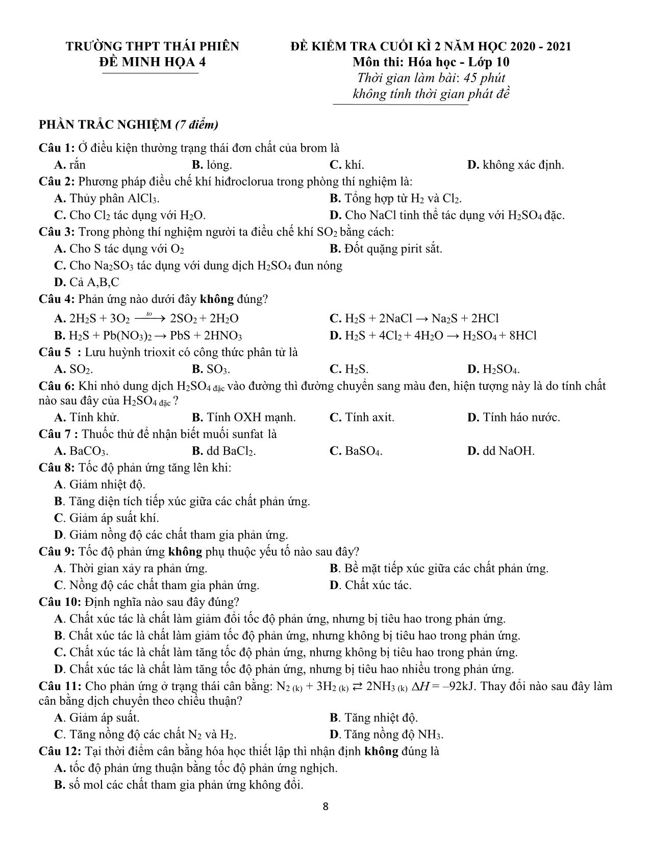 Đề kiểm tra cuối kỳ II môn Hóa học Lớp 10 - Năm học 2020-2021 - Trường THPT Thái Phiên trang 8