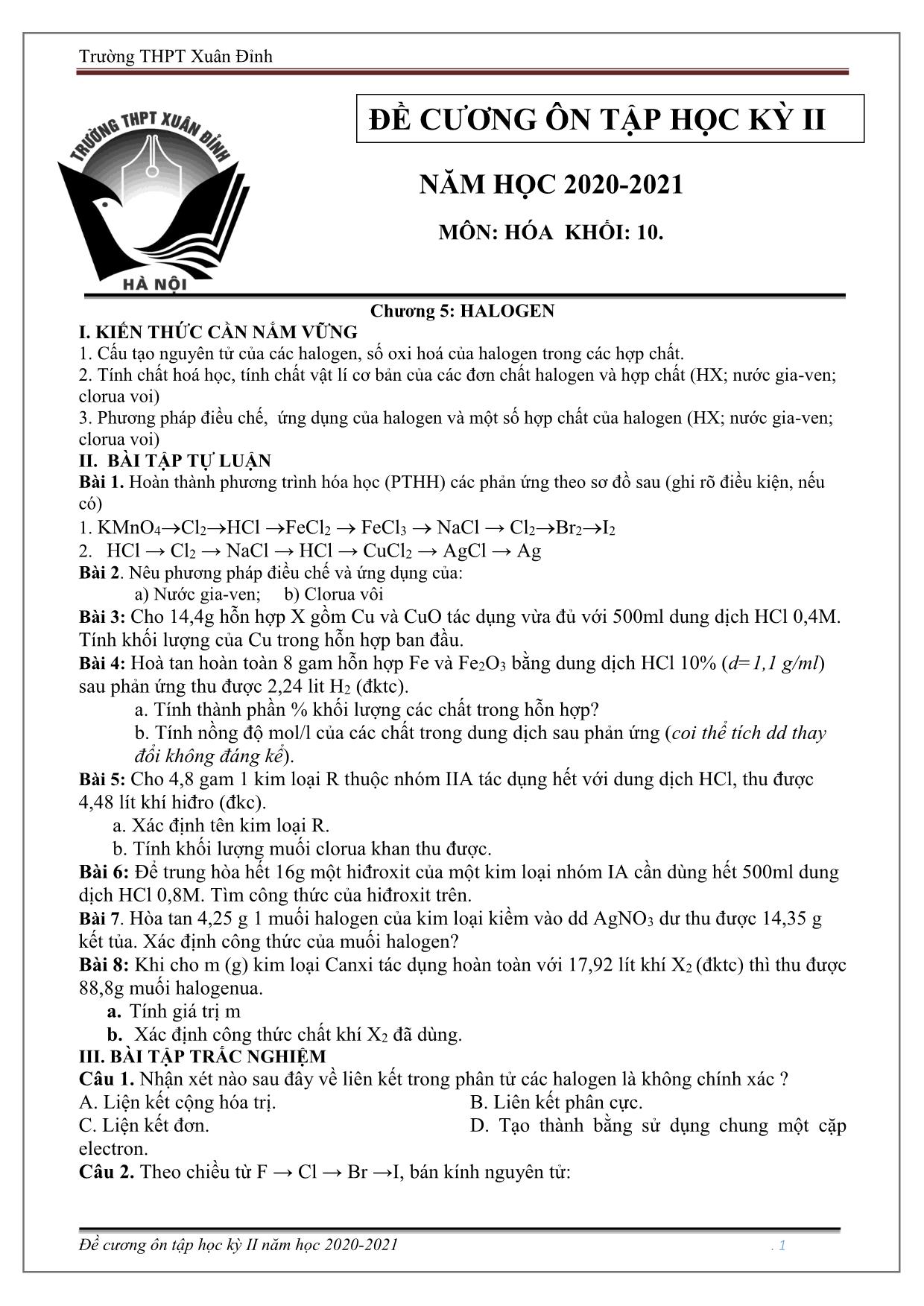 Đề cương ôn tập học kỳ II môn Hóa học Lớp 10 - Năm học 2020-2021 - Trường THPT Xuân Đỉnh trang 1
