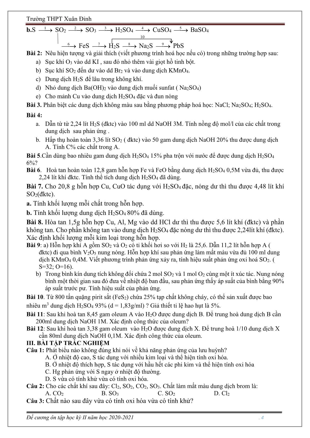 Đề cương ôn tập học kỳ II môn Hóa học Lớp 10 - Năm học 2020-2021 - Trường THPT Xuân Đỉnh trang 4
