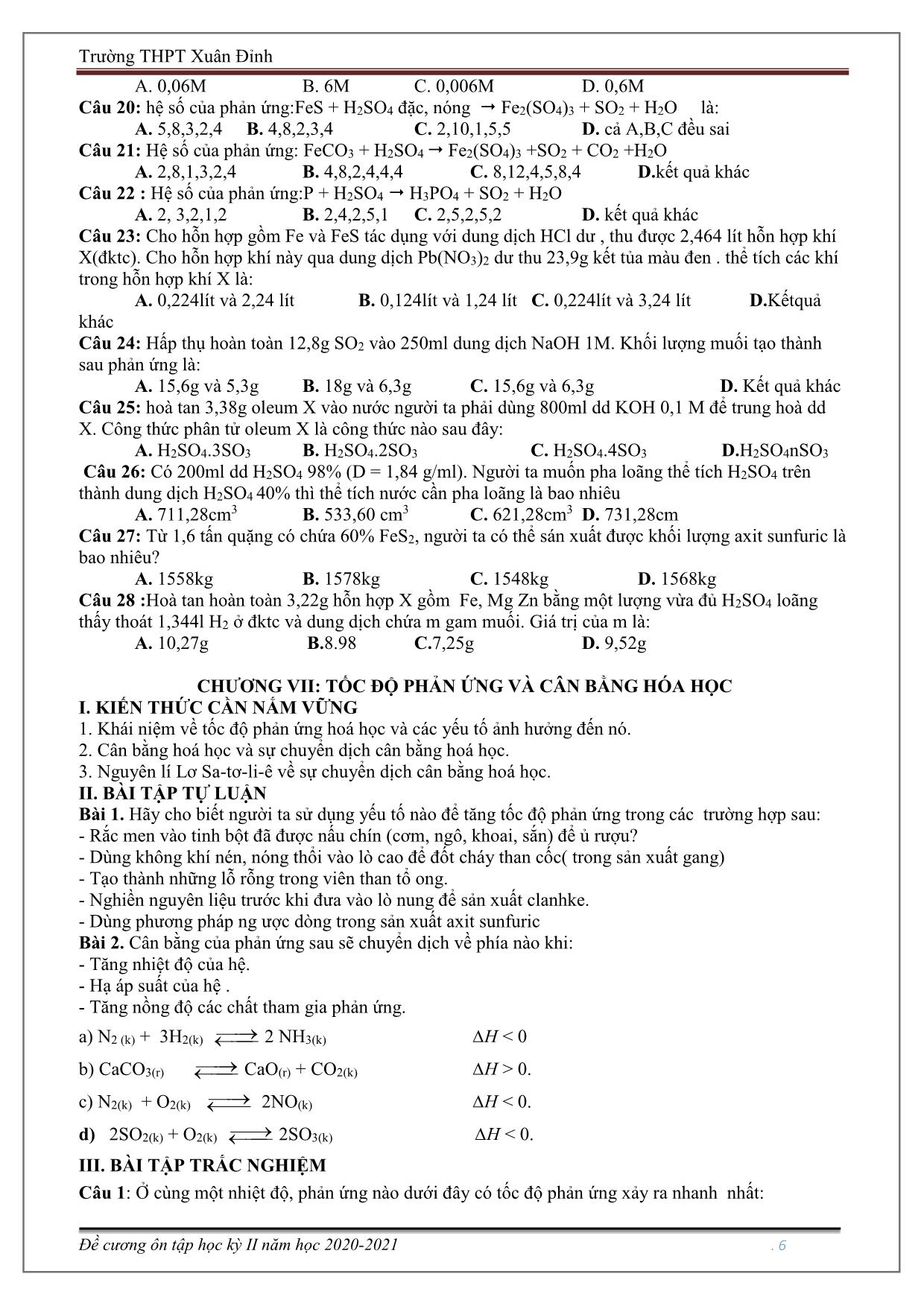 Đề cương ôn tập học kỳ II môn Hóa học Lớp 10 - Năm học 2020-2021 - Trường THPT Xuân Đỉnh trang 6
