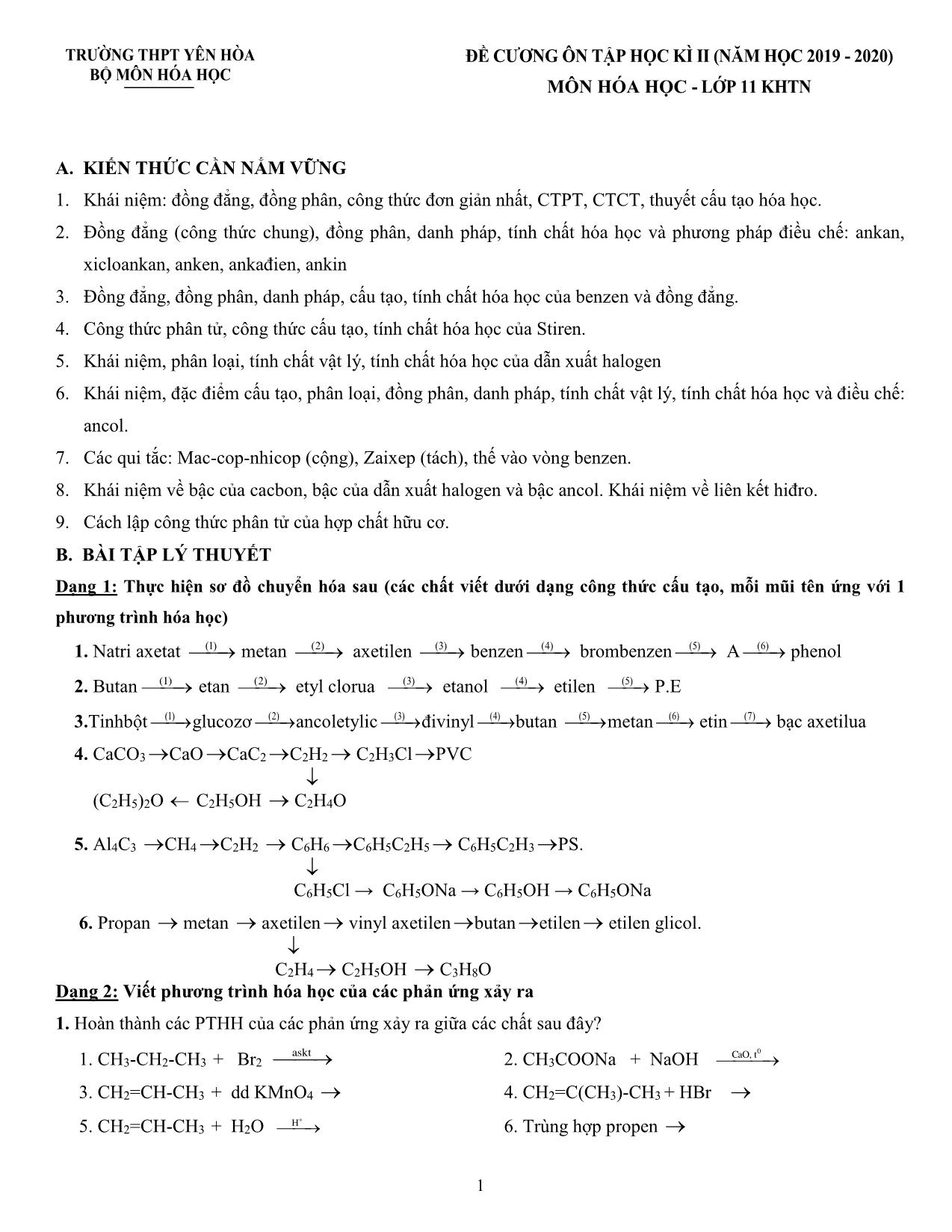 Đề cương ôn tập học kỳ II môn Hóa học Lớp 11 - Năm học 2019-2020 - Trường THPT Yên Hòa trang 1