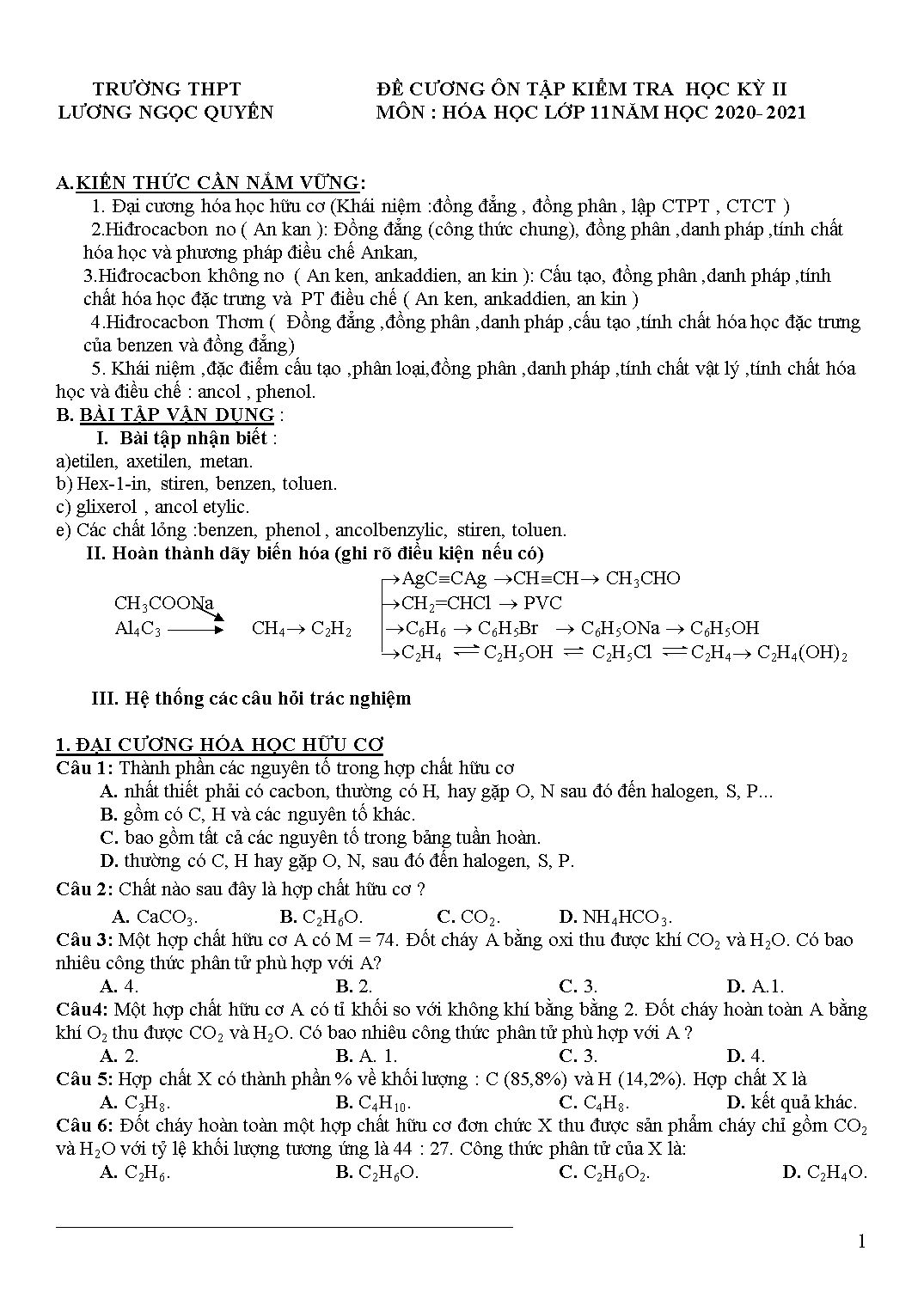 Đề cương ôn tập kiểm tra học kỳ II môn Hóa học Lớp 11 - Năm học 2020-2021 - Trường THPT Lương Ngọc Quyến trang 1