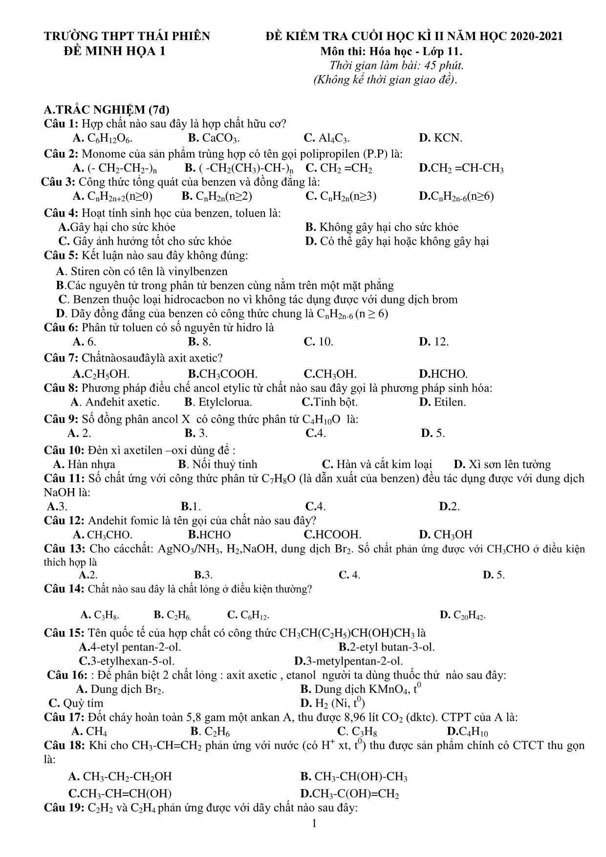 Đề kiểm tra cuối kỳ II môn Hóa học Lớp 11 - Năm học 2020-2021 - Trường THPT Thái Phiên trang 1