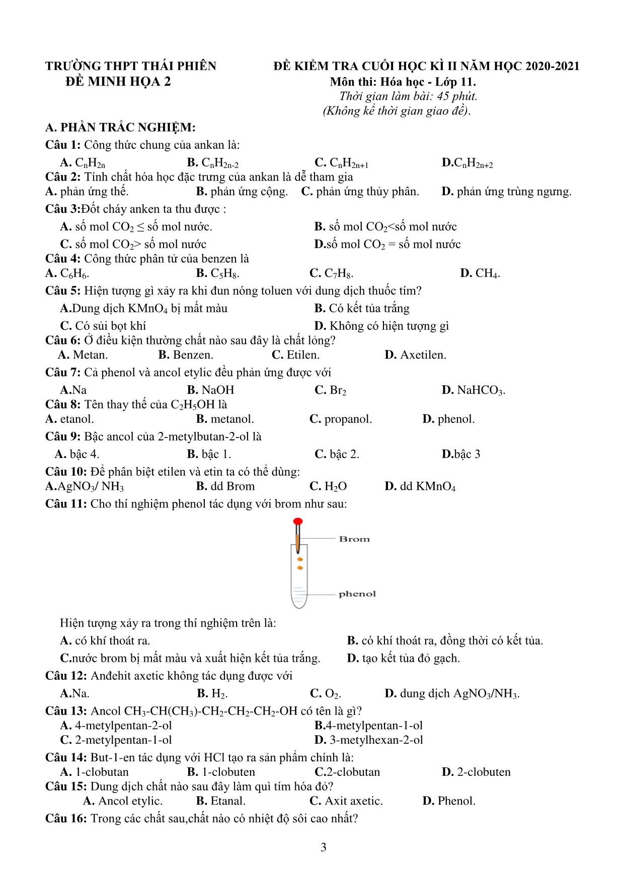 Đề kiểm tra cuối kỳ II môn Hóa học Lớp 11 - Năm học 2020-2021 - Trường THPT Thái Phiên trang 3
