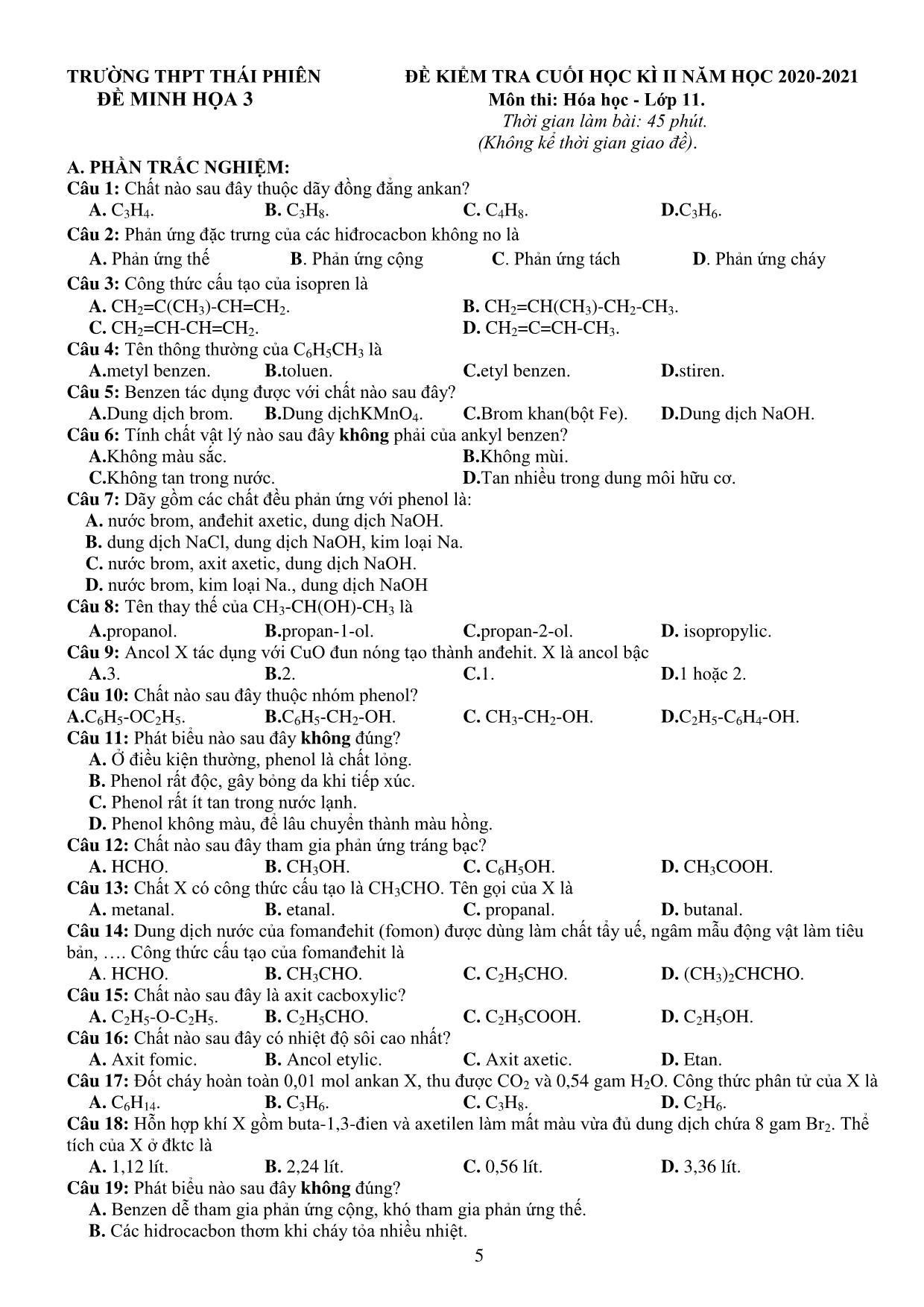 Đề kiểm tra cuối kỳ II môn Hóa học Lớp 11 - Năm học 2020-2021 - Trường THPT Thái Phiên trang 5
