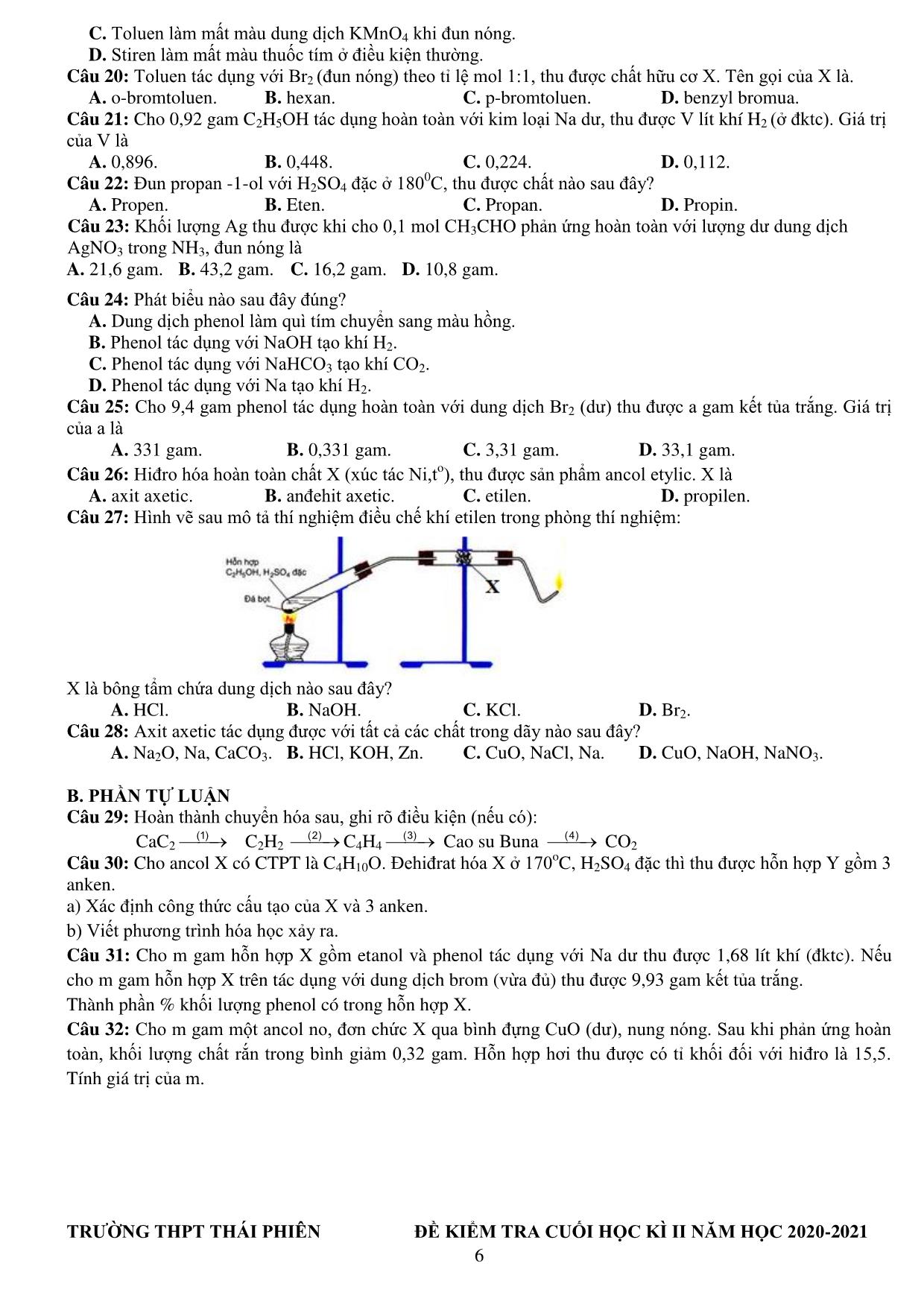 Đề kiểm tra cuối kỳ II môn Hóa học Lớp 11 - Năm học 2020-2021 - Trường THPT Thái Phiên trang 6