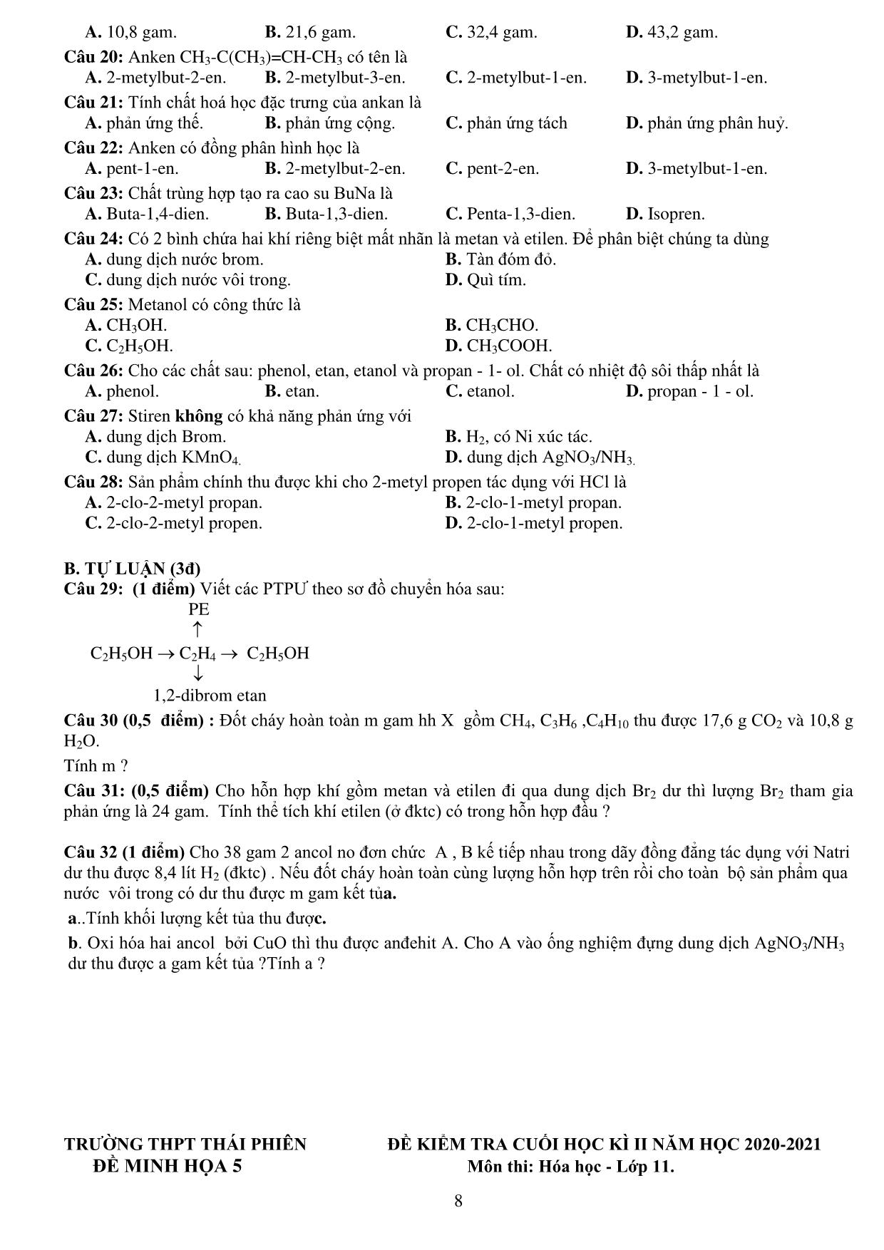 Đề kiểm tra cuối kỳ II môn Hóa học Lớp 11 - Năm học 2020-2021 - Trường THPT Thái Phiên trang 8