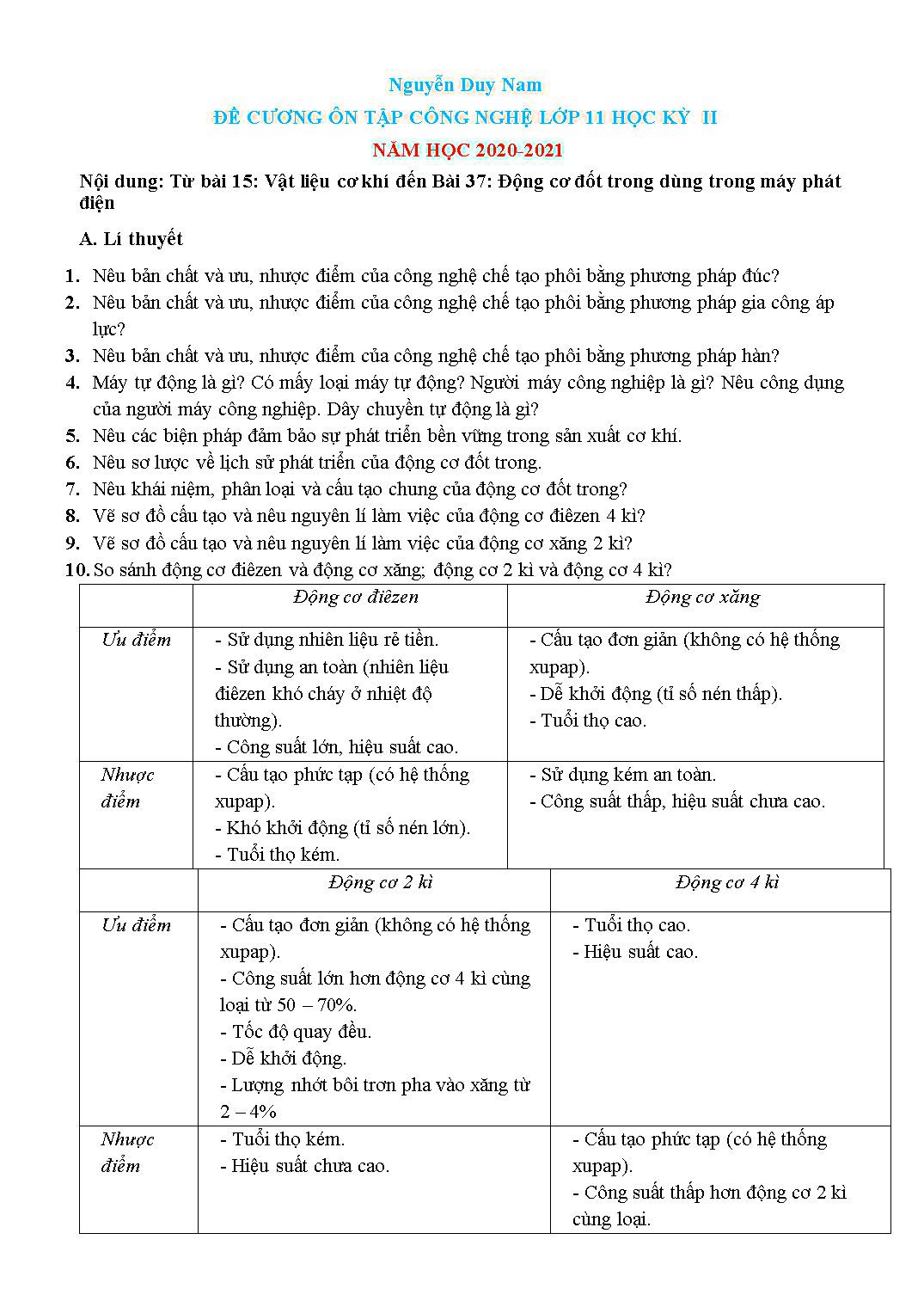 Đề cương ôn tập học kỳ II môn Công nghệ Lớp 11 - Năm học 2020-2021 - Nguyễn Duy Nam trang 1