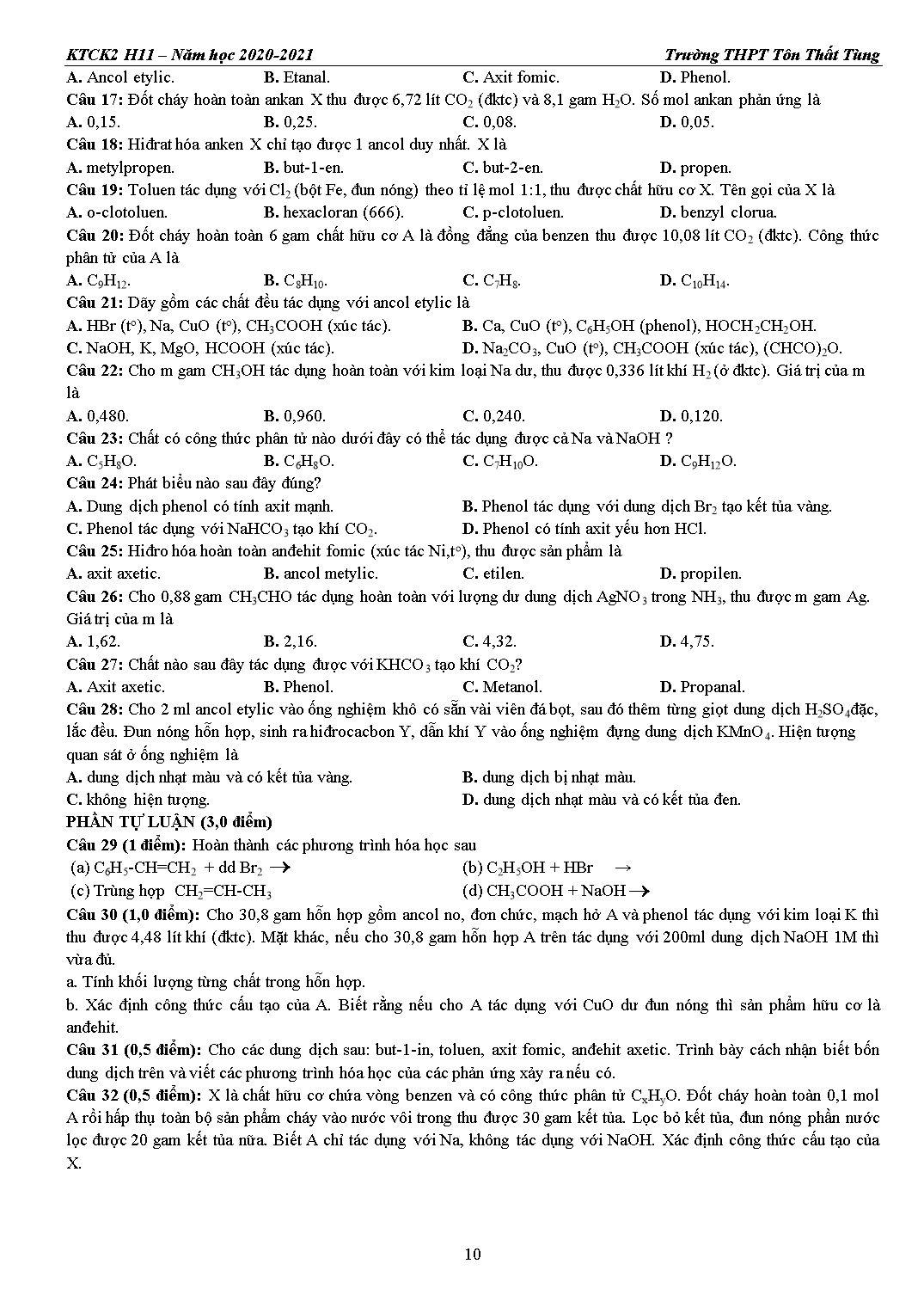Hướng dẫn ôn tập kiểm tra cuối học kỳ 2 môn Hóa học 11 - Trường THPT Tôn Thất Tùng trang 10