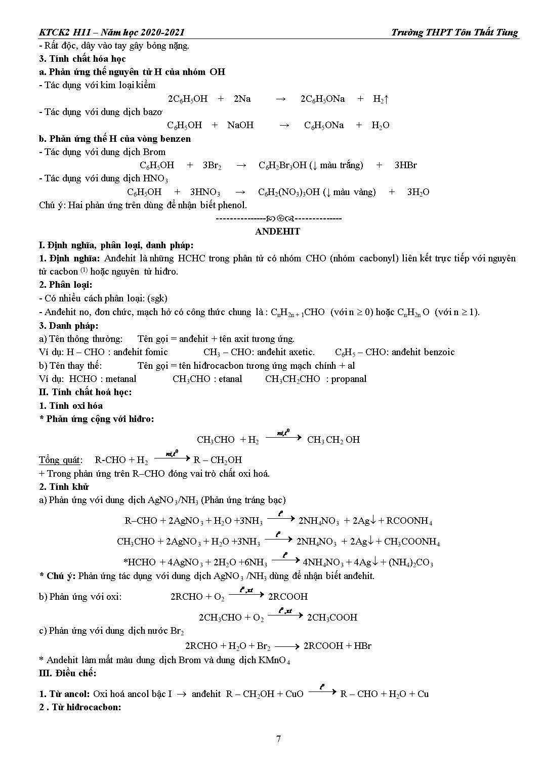 Hướng dẫn ôn tập kiểm tra cuối học kỳ 2 môn Hóa học 11 - Trường THPT Tôn Thất Tùng trang 7