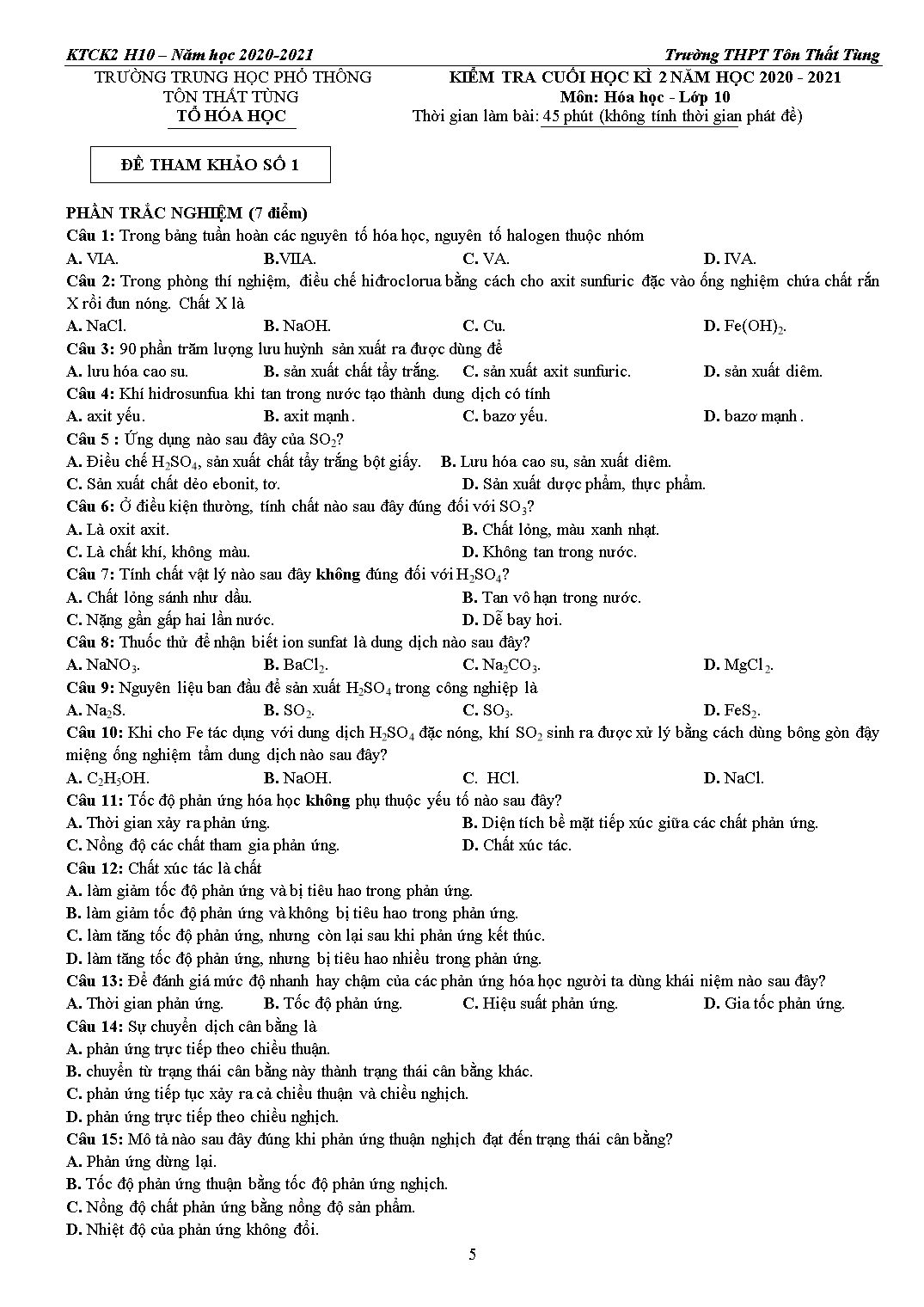 Hướng dẫn ôn tập kiểm tra cuối kỳ 2 môn Hóa học 10 - Năm học 2020-2021 - Trường THPT Tôn Thất Tùng trang 5