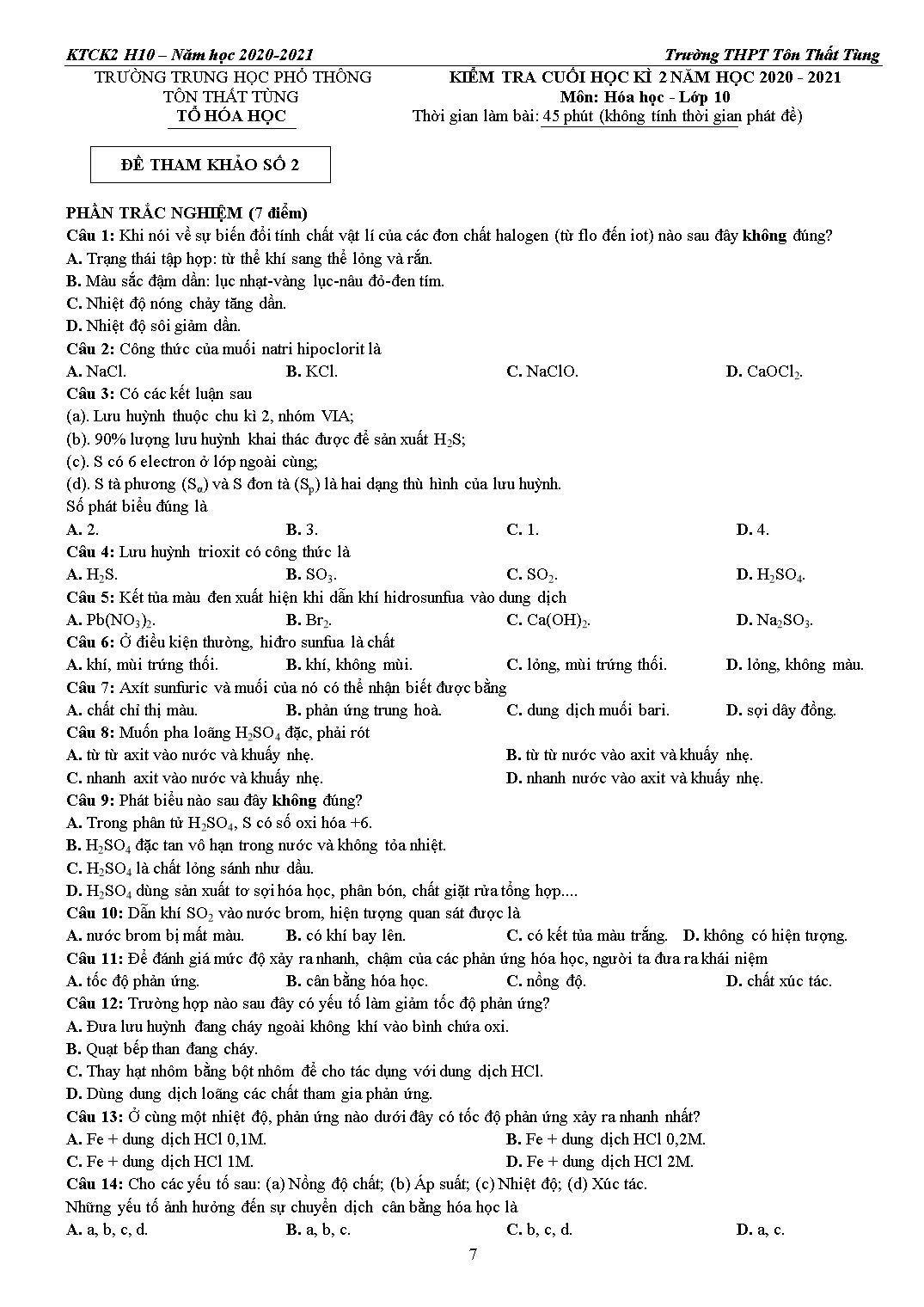 Hướng dẫn ôn tập kiểm tra cuối kỳ 2 môn Hóa học 10 - Năm học 2020-2021 - Trường THPT Tôn Thất Tùng trang 7