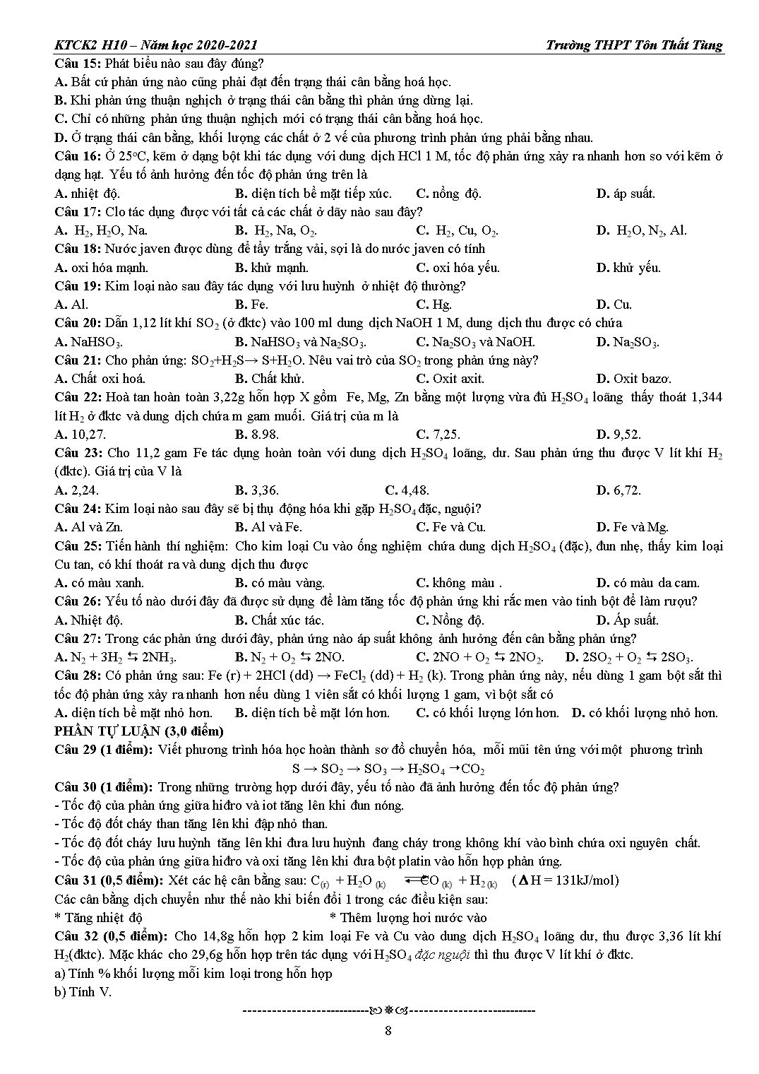 Hướng dẫn ôn tập kiểm tra cuối kỳ 2 môn Hóa học 10 - Năm học 2020-2021 - Trường THPT Tôn Thất Tùng trang 8