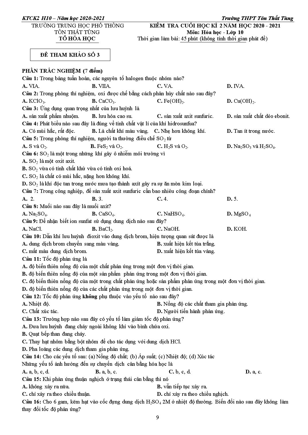 Hướng dẫn ôn tập kiểm tra cuối kỳ 2 môn Hóa học 10 - Năm học 2020-2021 - Trường THPT Tôn Thất Tùng trang 9