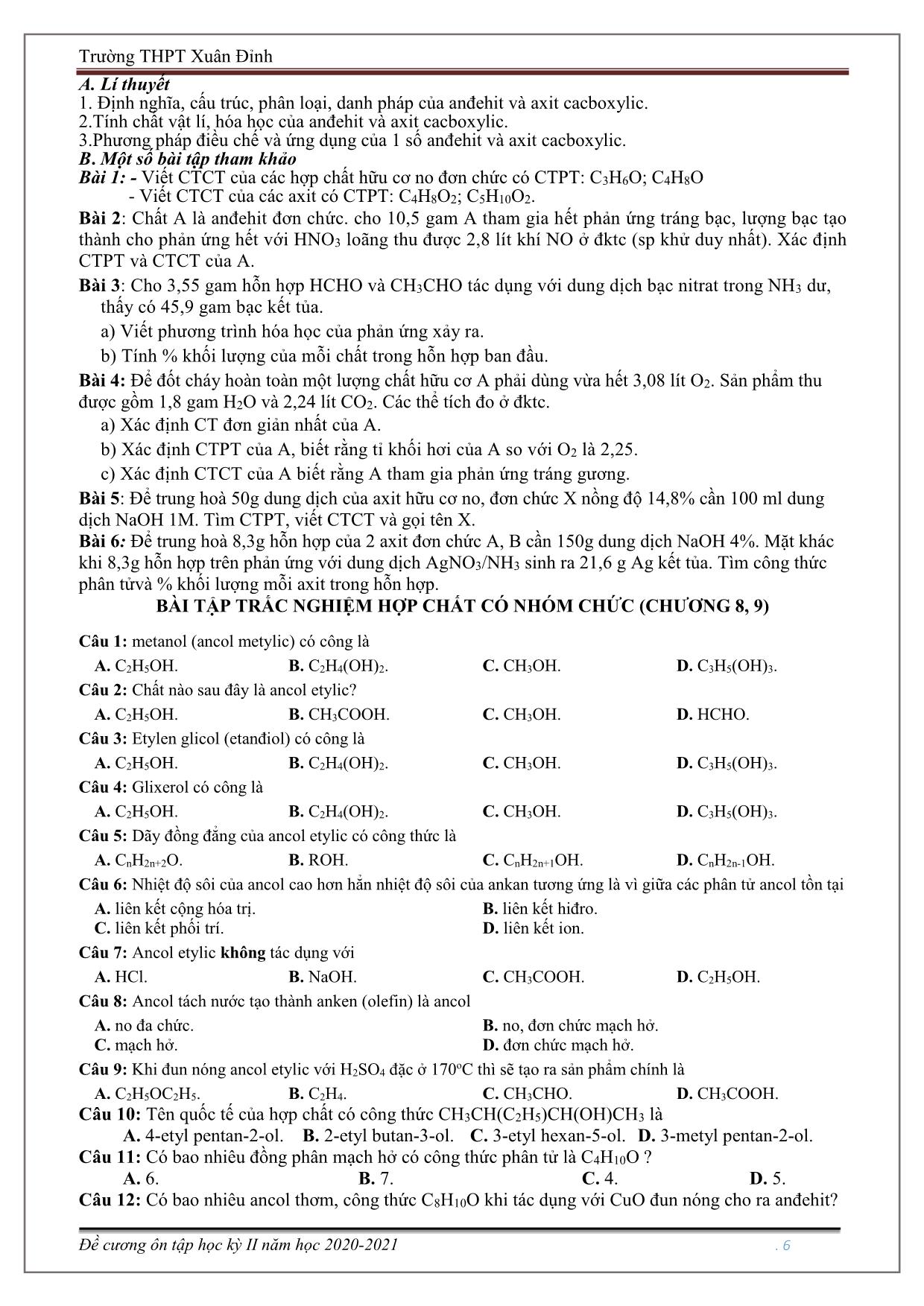 Đề cương ôn tập học kỳ II môn Hóa học Lớp 11 - Năm học 2020-2021 - Trường THPT Xuân Đỉnh trang 6