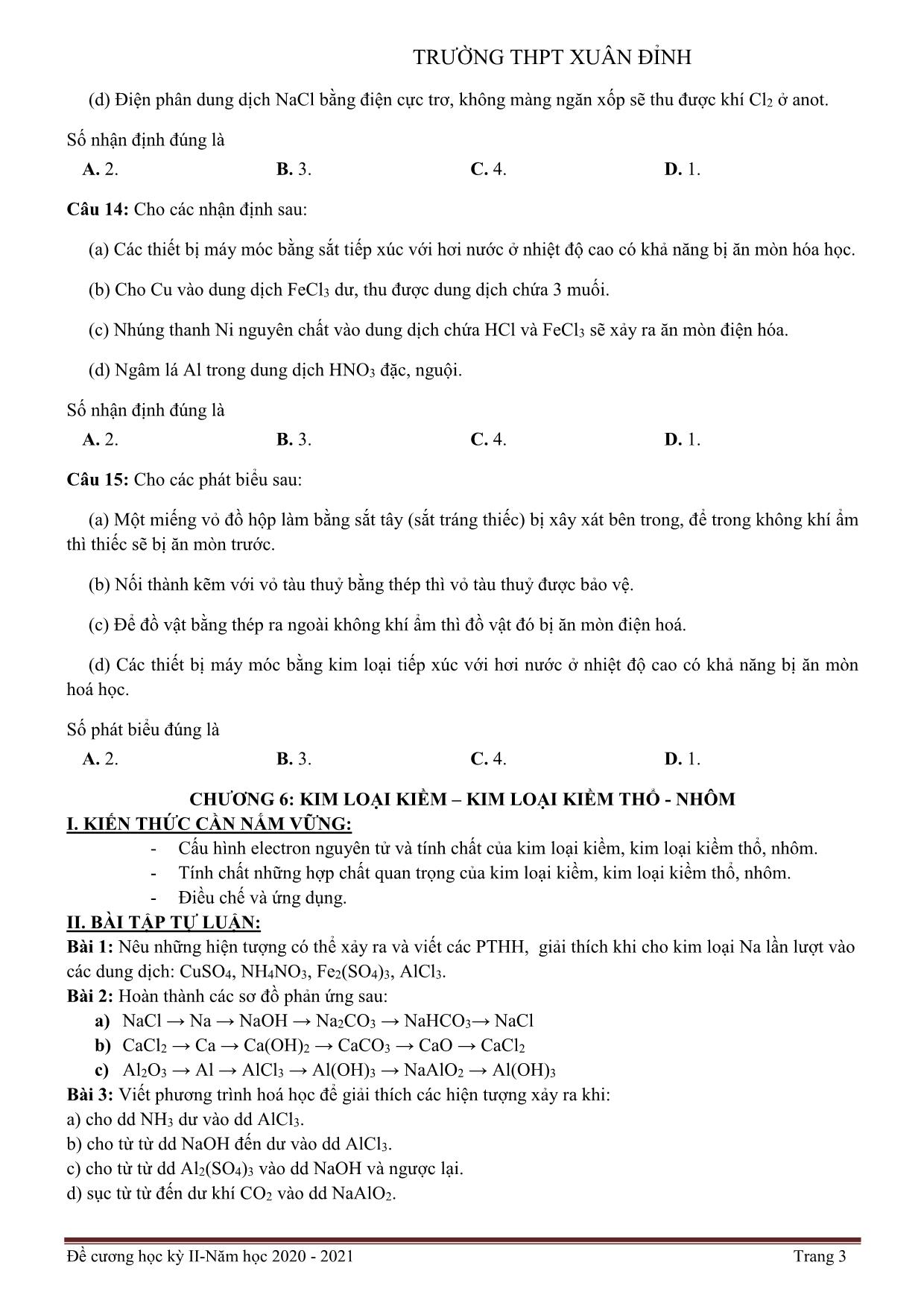 Đề cương ôn tập học kỳ II môn Hóa học Lớp 12 - Năm học 2020-2021 - Trường THPT Xuân Đỉnh trang 3