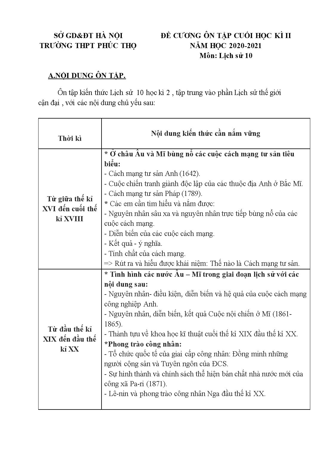 Đề cương ôn tập cuối học kỳ II môn Lịch sử Lớp 10 - Năm học 2020-2021 - Trường THPT Phúc Thọ trang 1