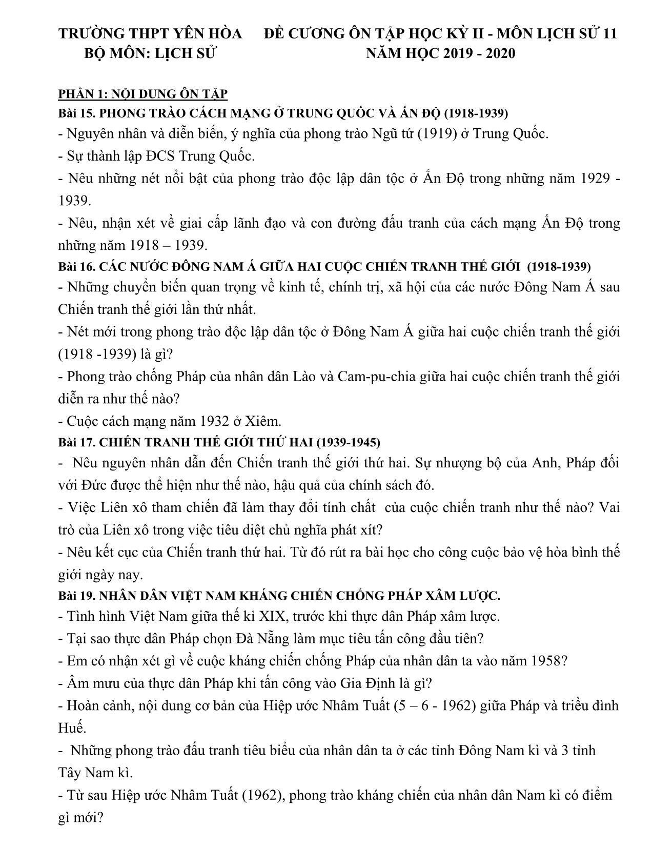 Đề cương ôn tập học kỳ II môn Lịch sử Lớp 11 - Năm học 2019-2020 - Trường THPT Yên Hòa trang 1